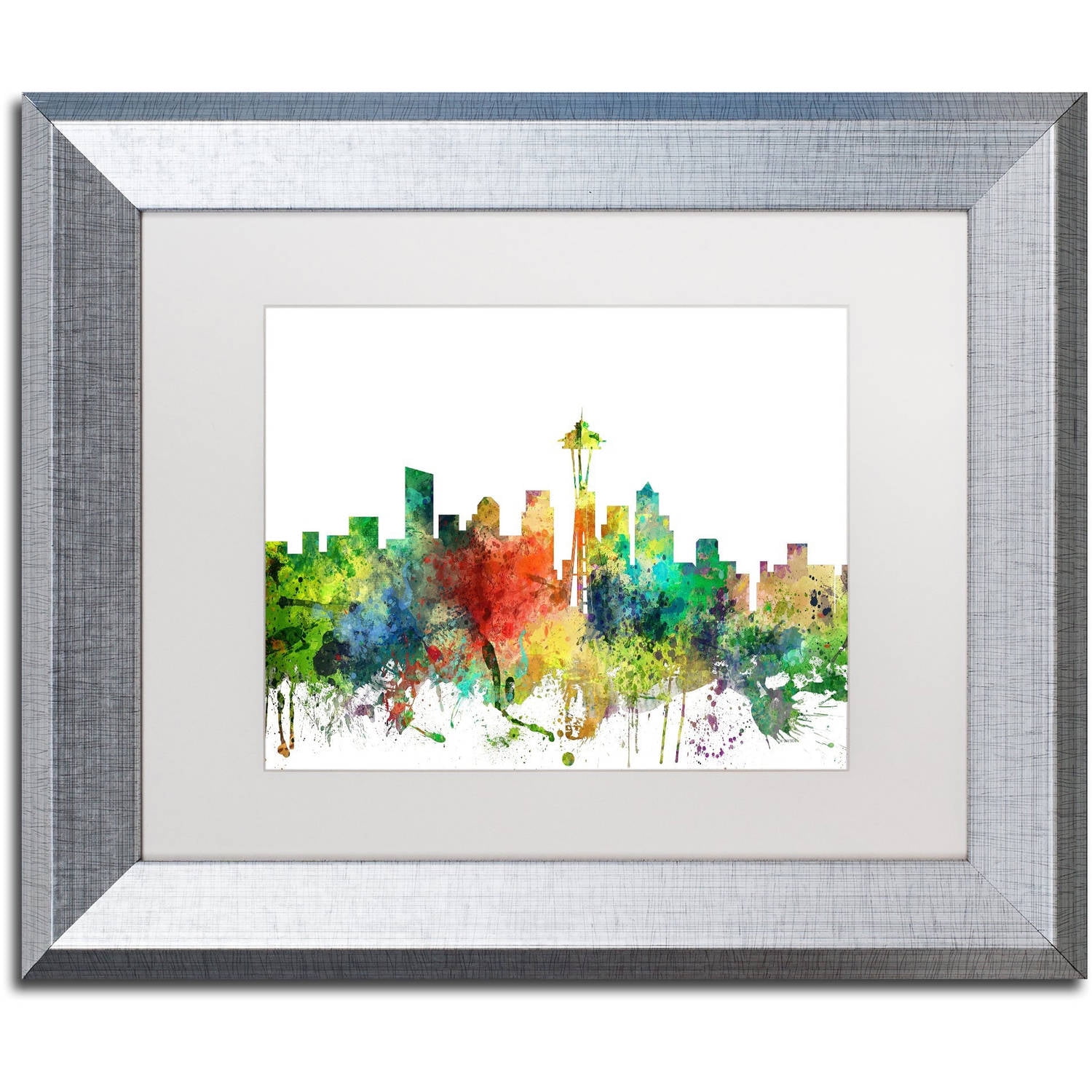 Trademark Fine Art "Seattle Washington Skyline SP" Canvas Art by Marlene Watson, White Matte, Silver Frame