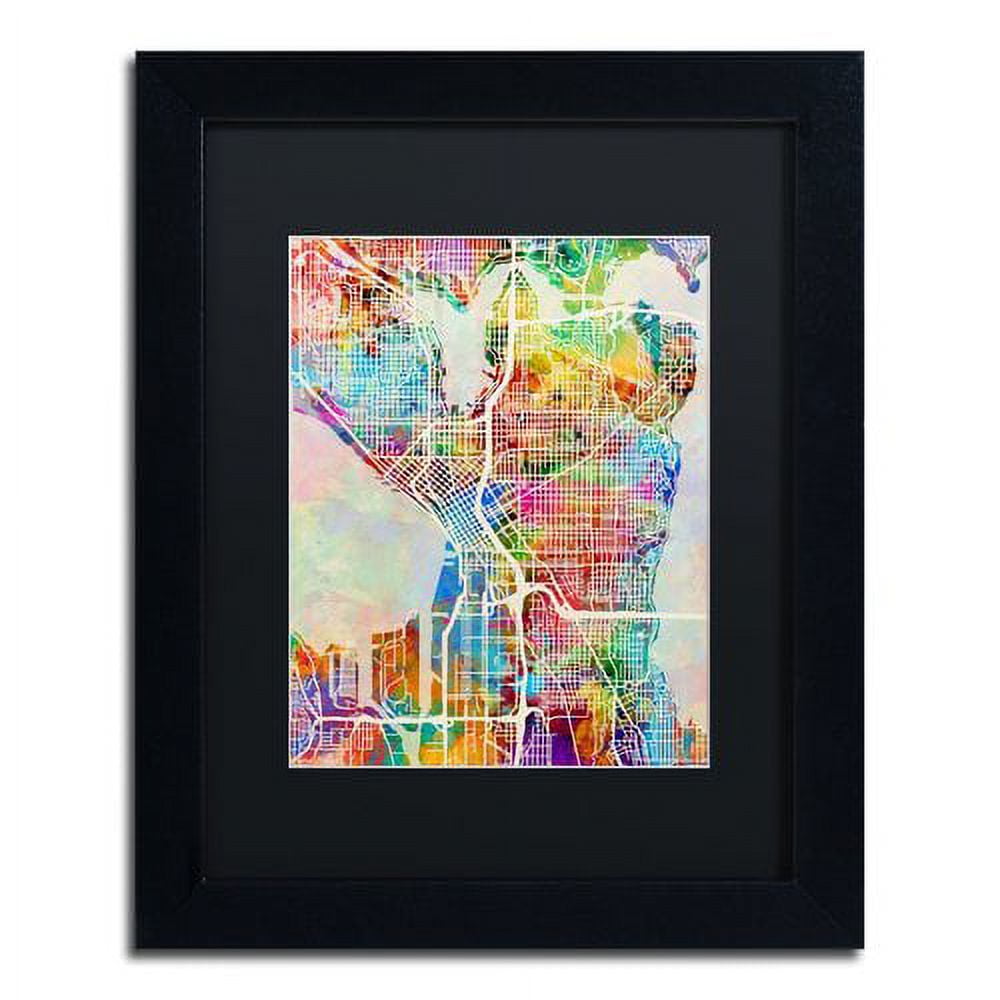Colorful Seattle Washington Street Map Print on Canvas with Black Frame