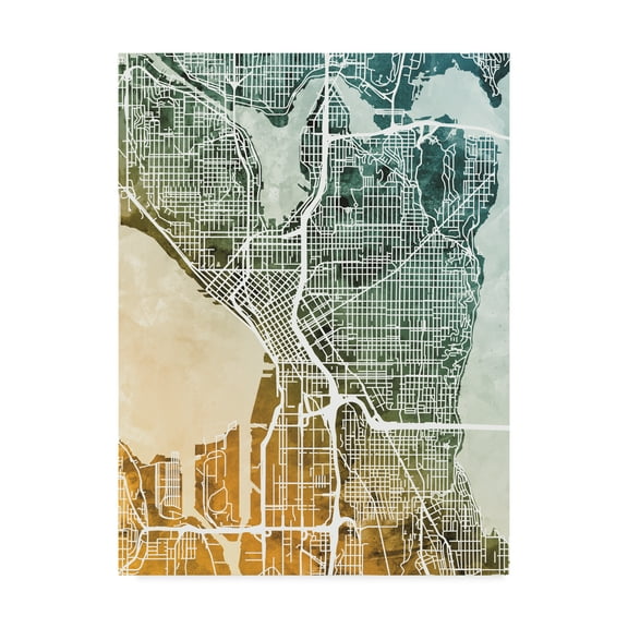 Trademark Fine Art 'Seattle Washington Street Map Teal Orange' Canvas Art by Michael Tompsett