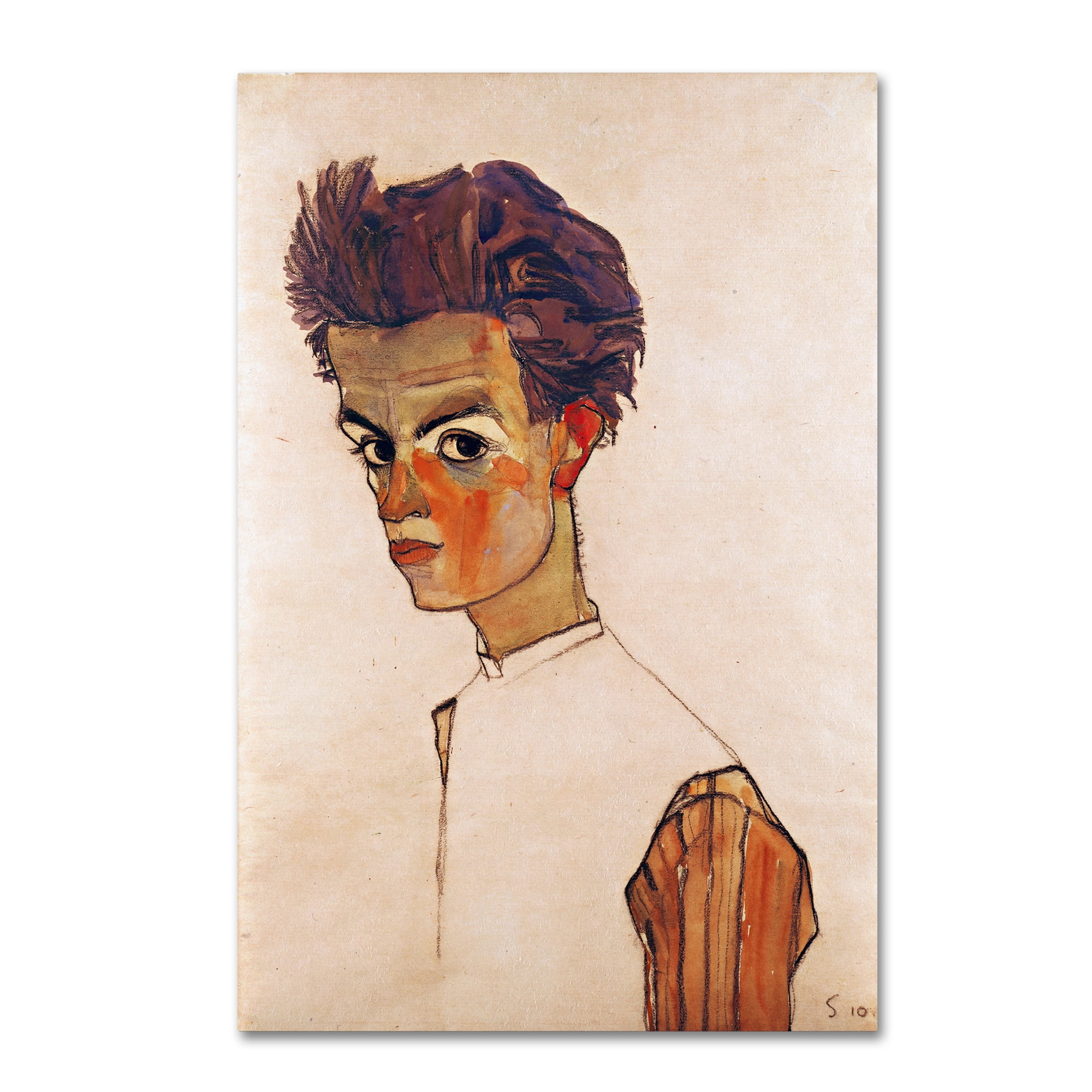 Trademark Fine Art 'Self Portrait With Striped Shirt' Canvas Art by Egon Schiele