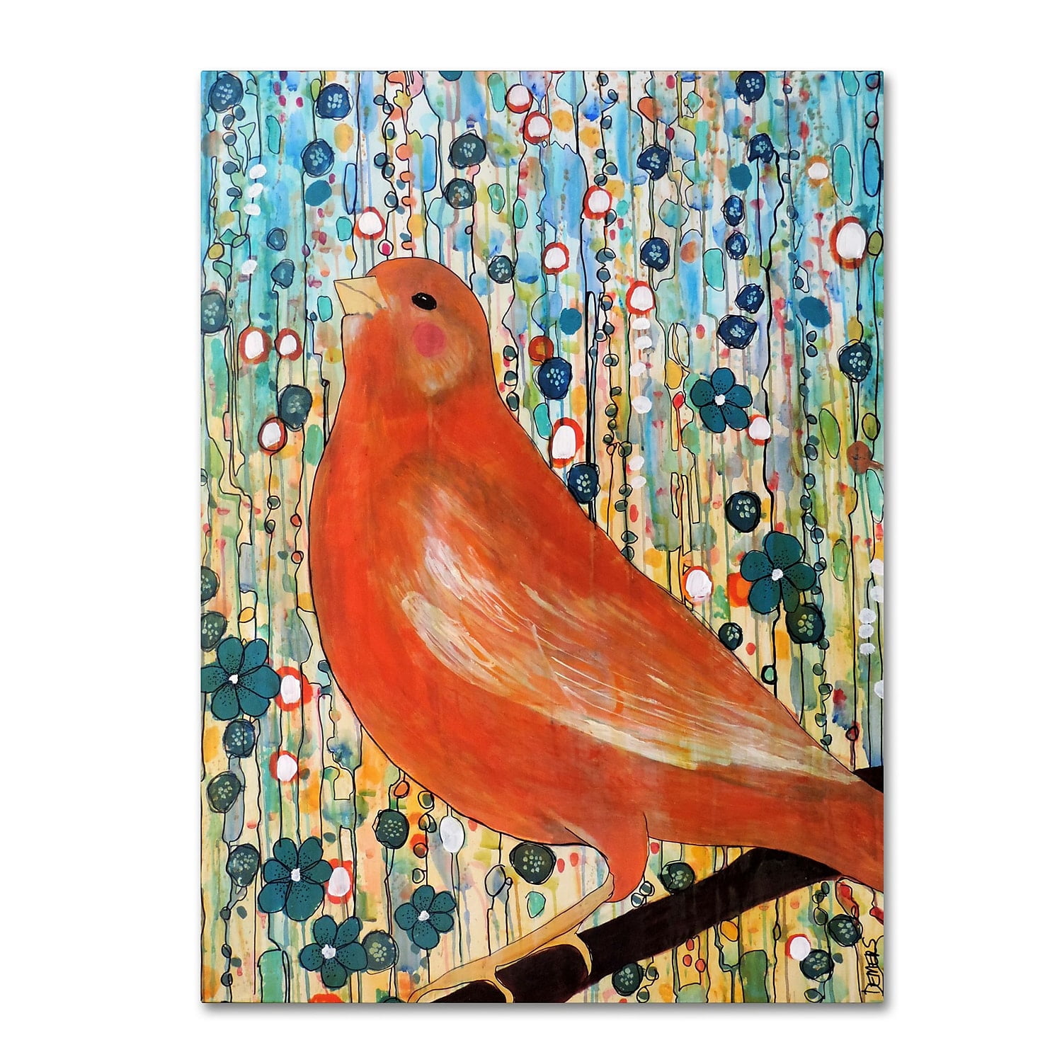 Colorful Abstract Bird on Branch Framed Canvas Art