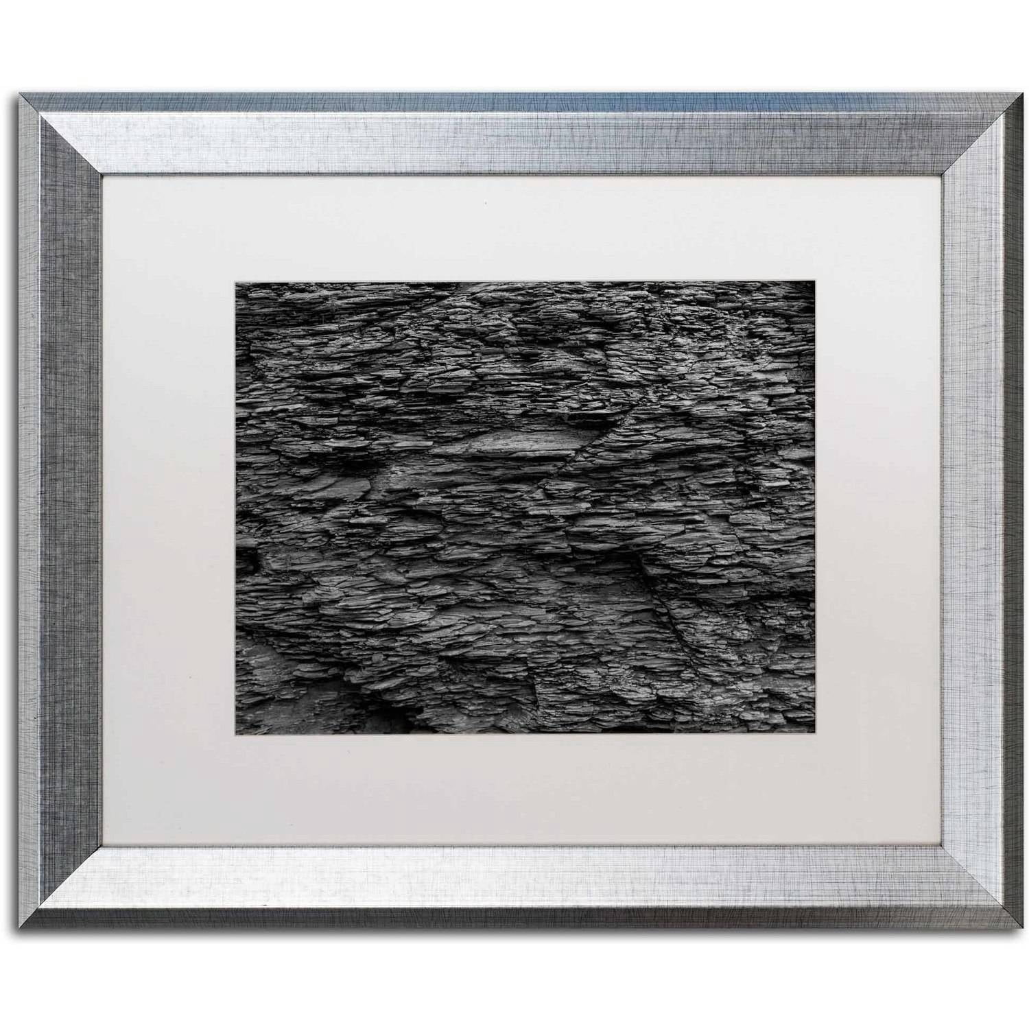 Trademark Fine Art "Shale Abstract in Black and White" Canvas Art by Kurt Shaffer, White Matte, Silver Frame