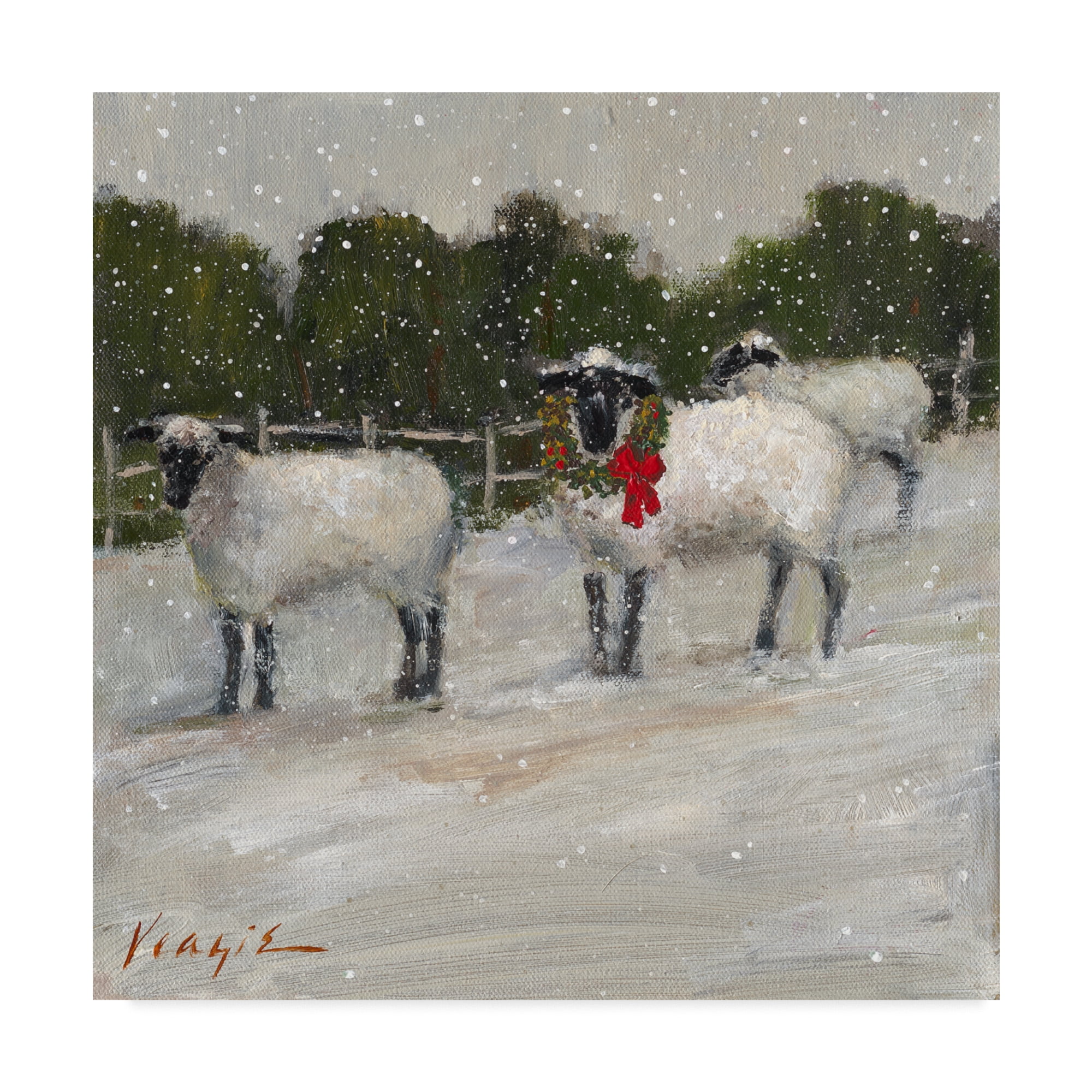 Seasonal Framed Canvas Art with Sheep in Snow, 35" x 35"