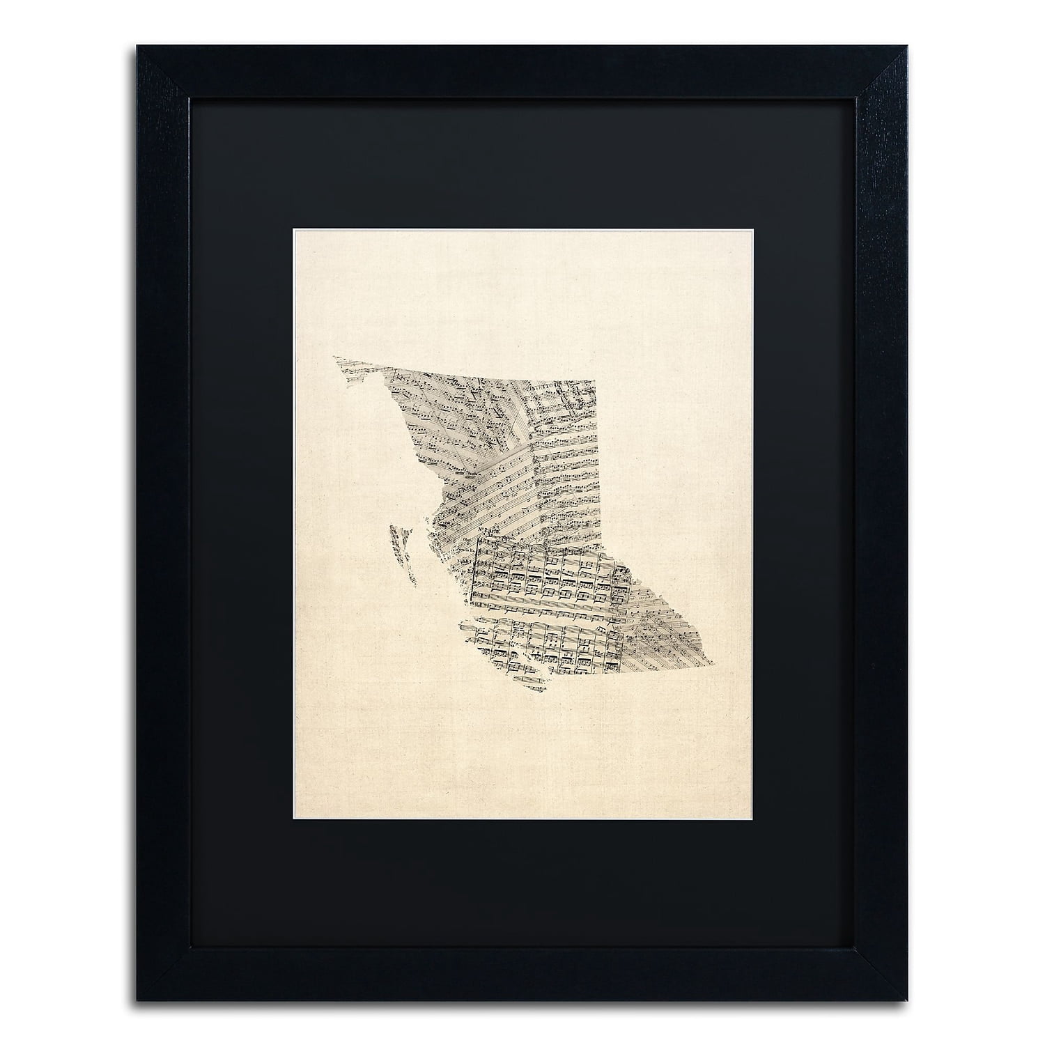 Trademark Fine Art "Sheet Music Map British Columbia" Canvas Art by Michael Tompsett Black Matte, Black Frame