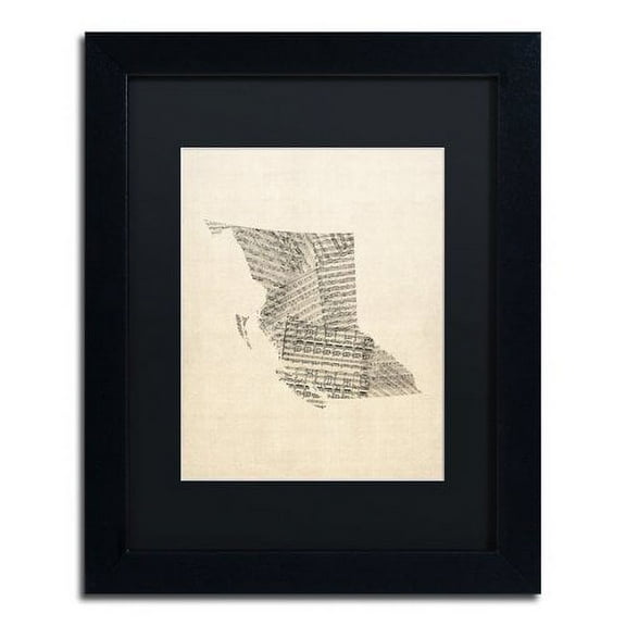 Trademark Fine Art "Sheet Music Map British Columbia" Canvas Art by Michael Tompsett Black Matte, Black Frame