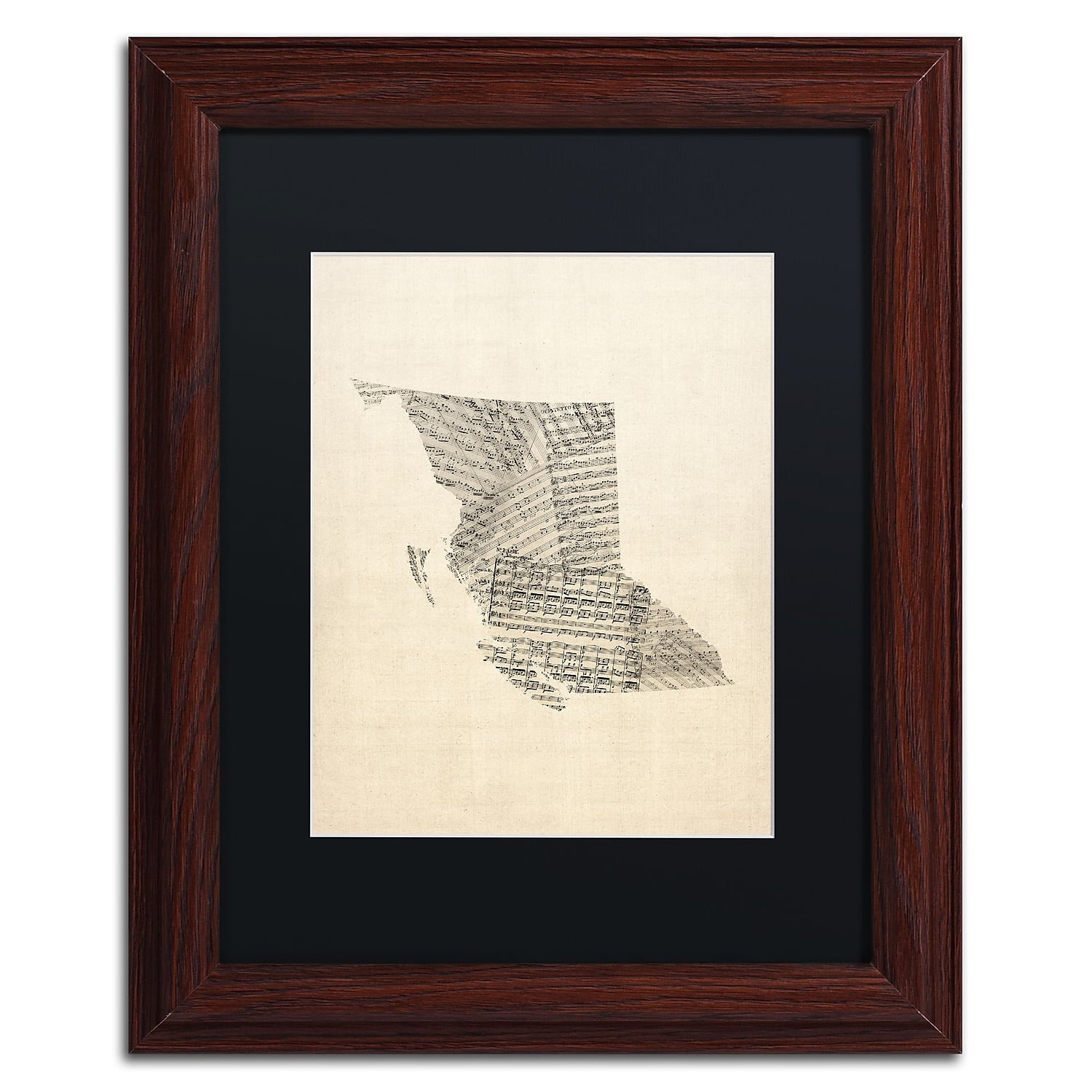 Trademark Fine Art "Sheet Music Map British Columbia" Canvas Art by Michael Tompsett Black Matte, Wood Frame