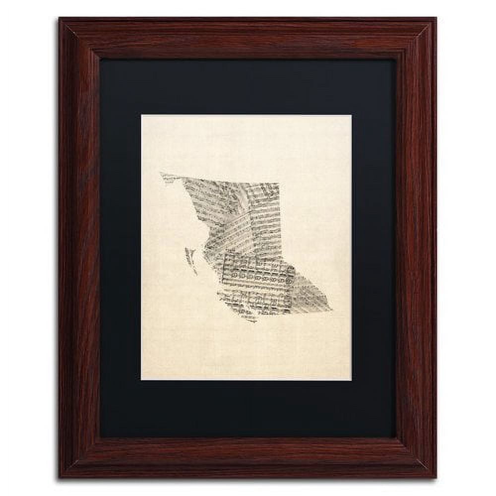 Trademark Fine Art "Sheet Music Map British Columbia" Canvas Art by Michael Tompsett Black Matte, Wood Frame