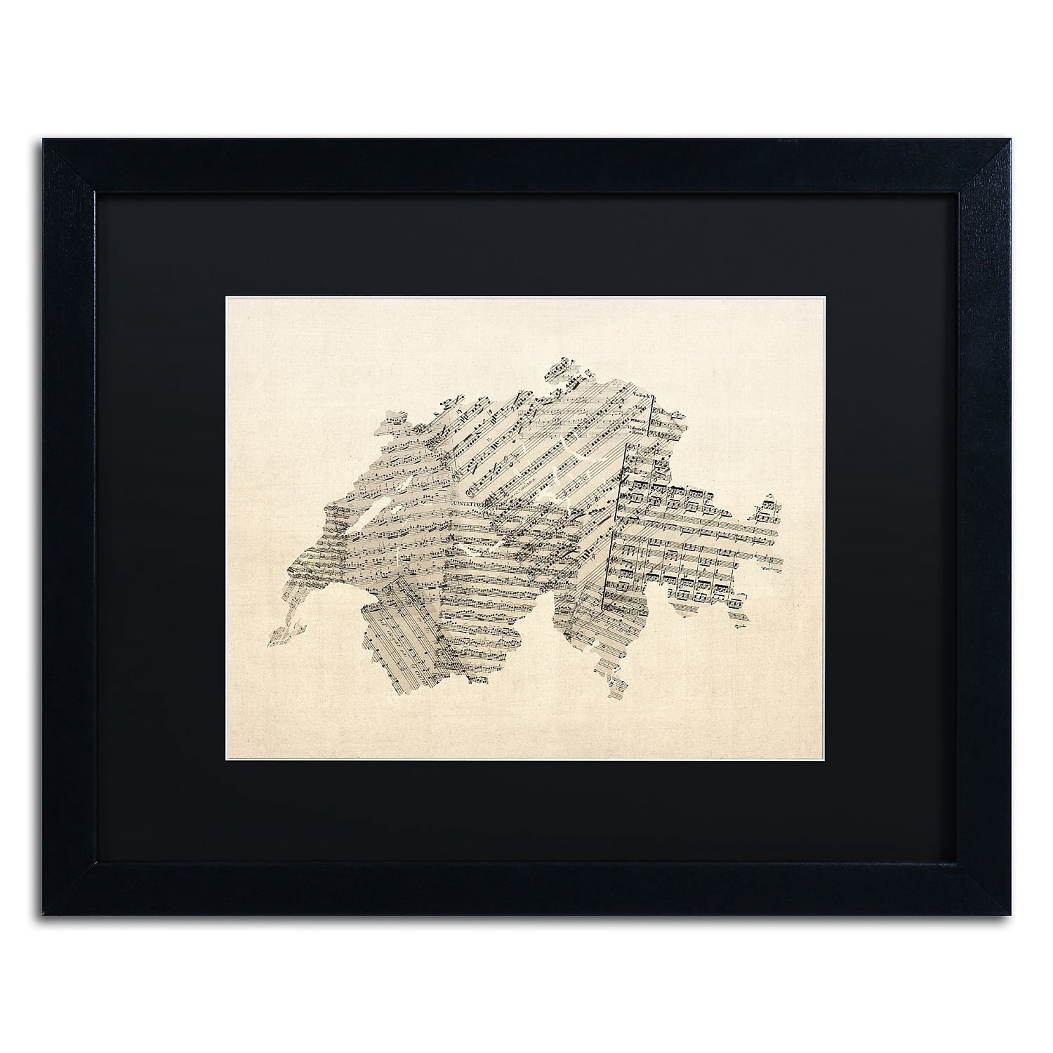 Trademark Fine Art 'Sheet Music Map of Switzerland' Canvas Art by Michael Tompsett, Black Matte, Black Frame