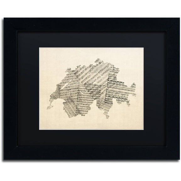 Trademark Fine Art 'Sheet Music Map of Switzerland' Canvas Art by Michael Tompsett, Black Matte, Black Frame