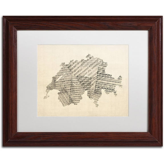 Trademark Fine Art 'Sheet Music Map of Switzerland' Canvas Art by Michael Tompsett, White Matte, Wood Frame