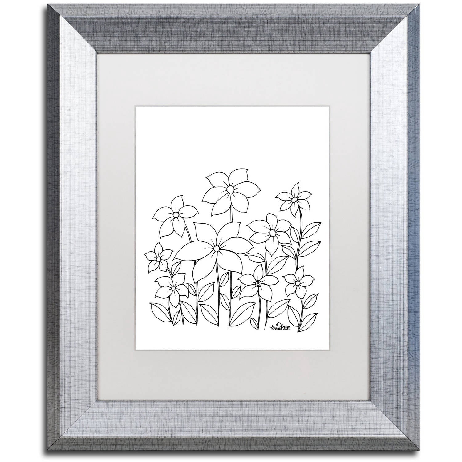 Trademark Fine Art "Simple Flower Doodle 1" Canvas Art by KCDoodleArt White Matte, Silver Frame