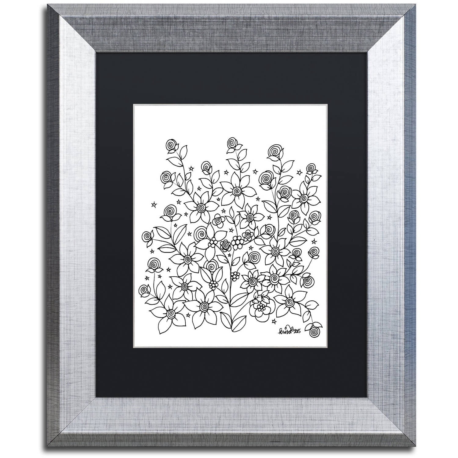 Trademark Fine Art "Simple Flower Doodle 2" Canvas Art by KCDoodleArt Black Matte, Silver Frame