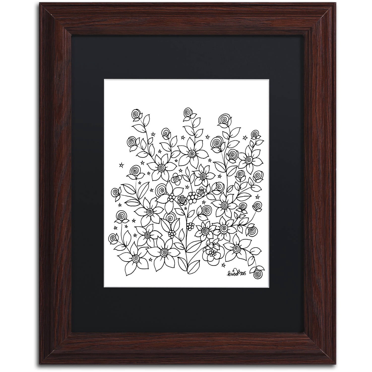 Trademark Fine Art "Simple Flower Doodle 2" Canvas Art by KCDoodleArt Black Matte, Wood Frame
