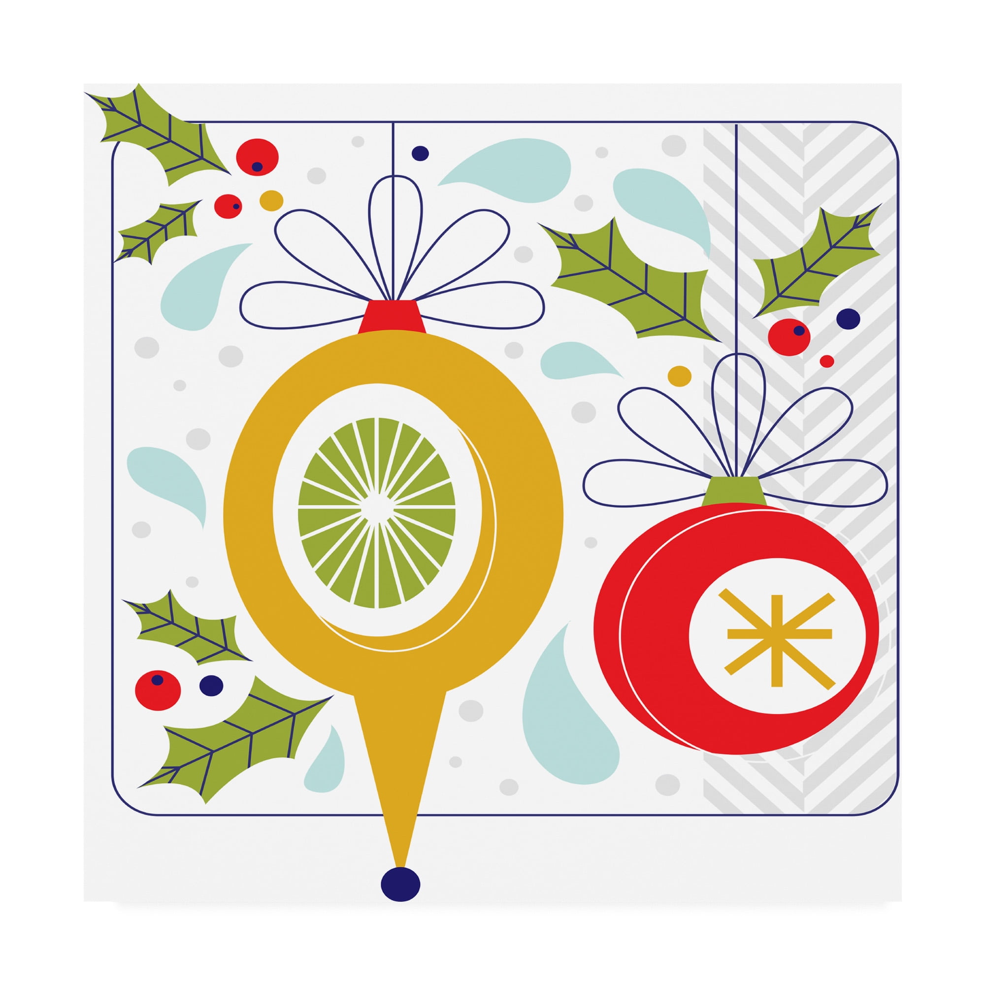 Modern Christmas Ornaments and Holly Canvas Art