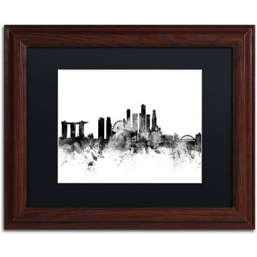 Trademark Fine Art "Singapore Skyline B&W" Canvas Art by Michael Tompsett, Black Matte, Wood Frame