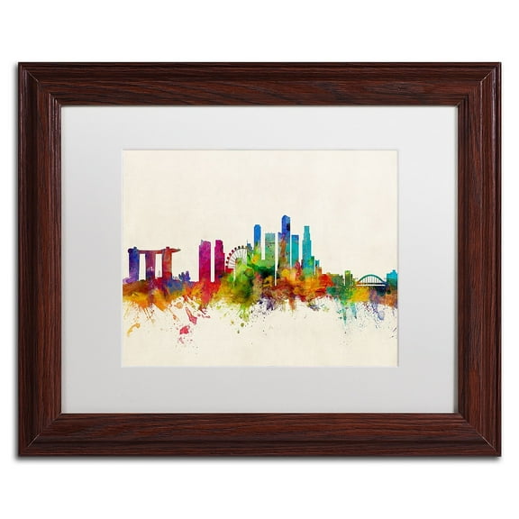 Trademark Fine Art 'Singapore Skyline' Canvas Art by Michael Tompsett, White Matte, Wood Frame