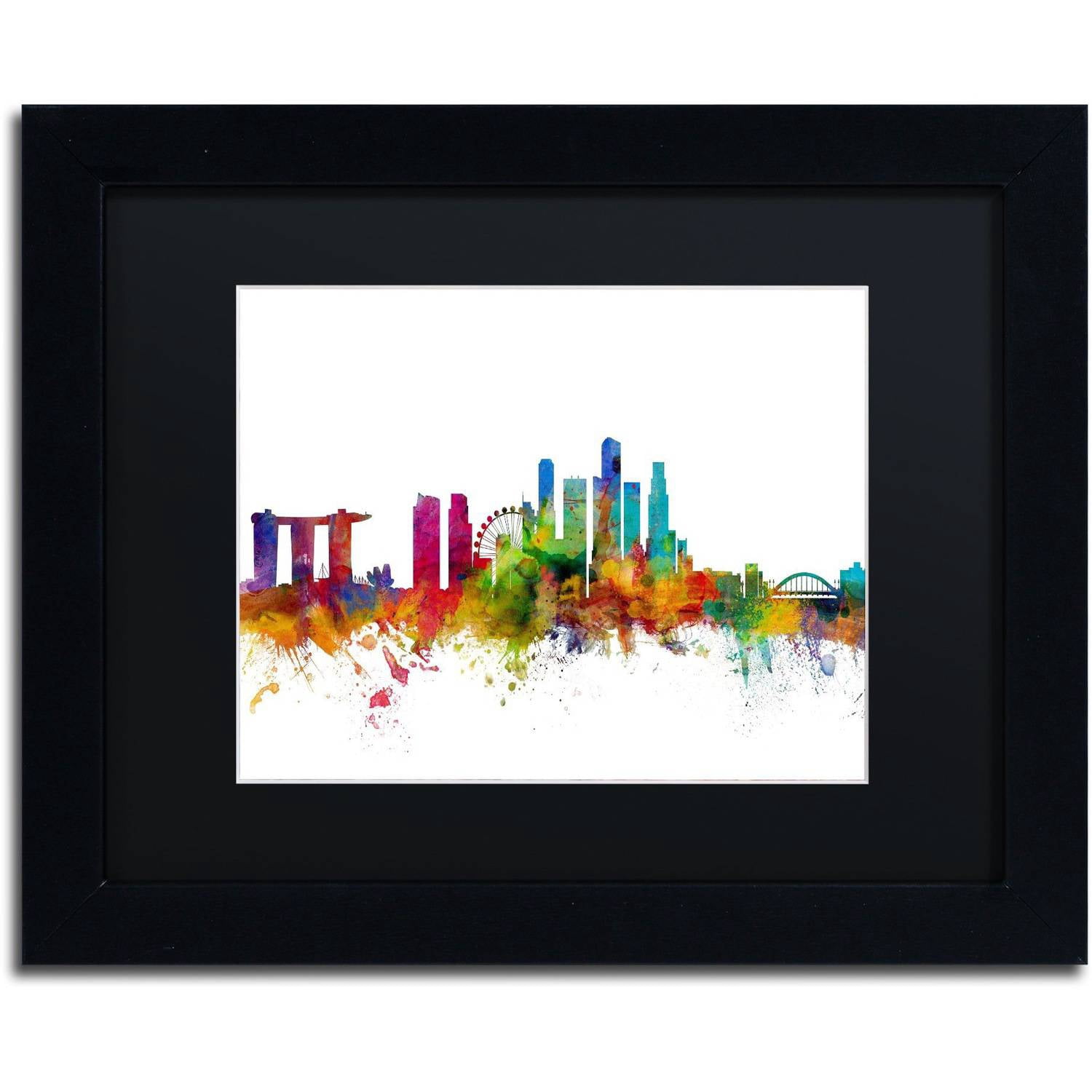 Trademark Fine Art "Singapore Skyline II" Canvas Art by Michael Tompsett Black Matte, Black Frame