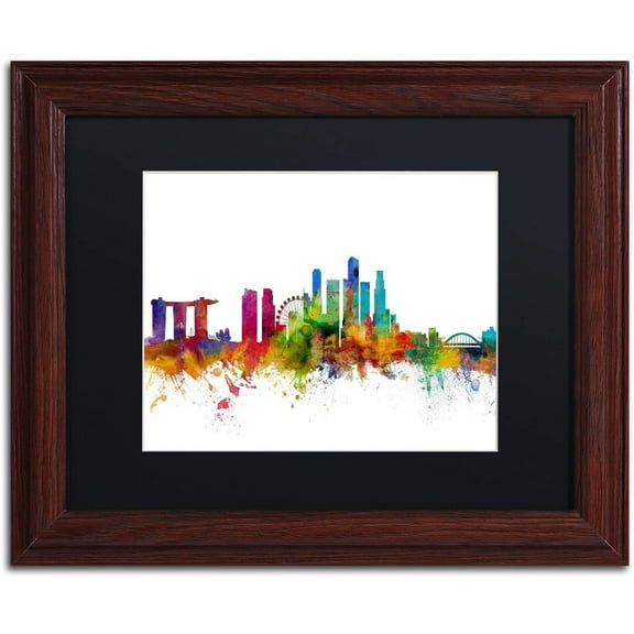 Trademark Fine Art "Singapore Skyline II" Canvas Art by Michael Tompsett Black Matte, Wood Frame