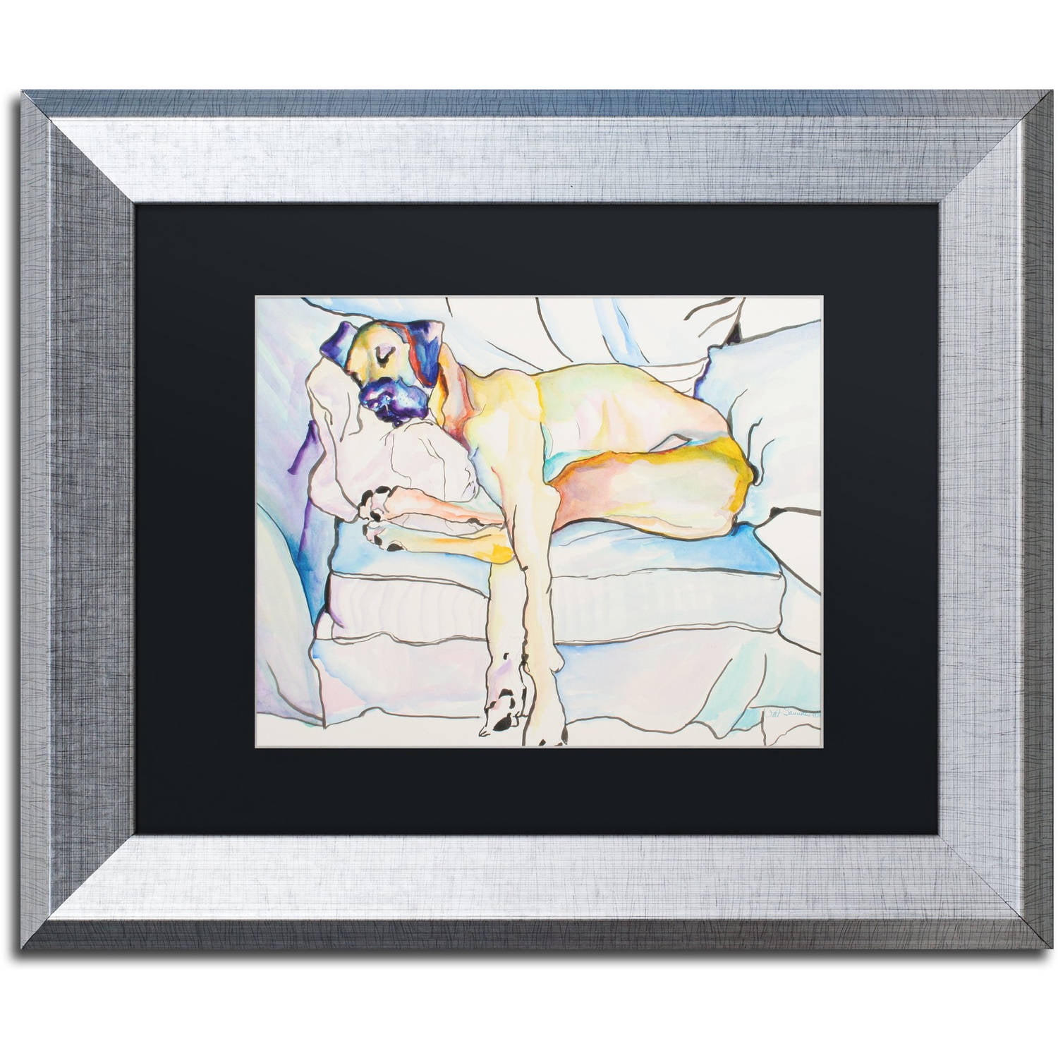 Sleeping Dog on Couch Framed Canvas Art in Silver Frame