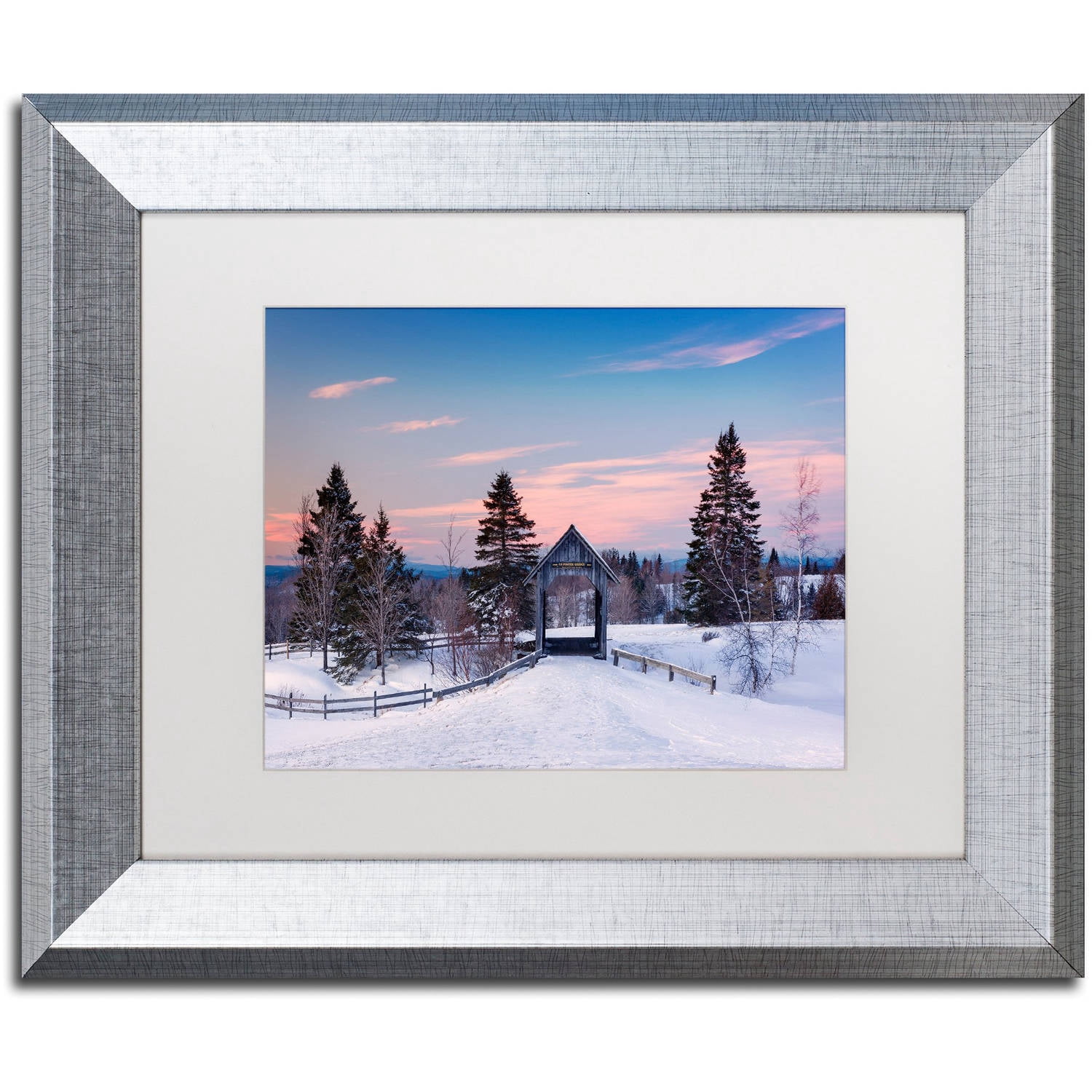 Trademark Fine Art "Snow at the Bridge" Canvas Art by Michael Blanchette Photography White Matte, Silver Frame