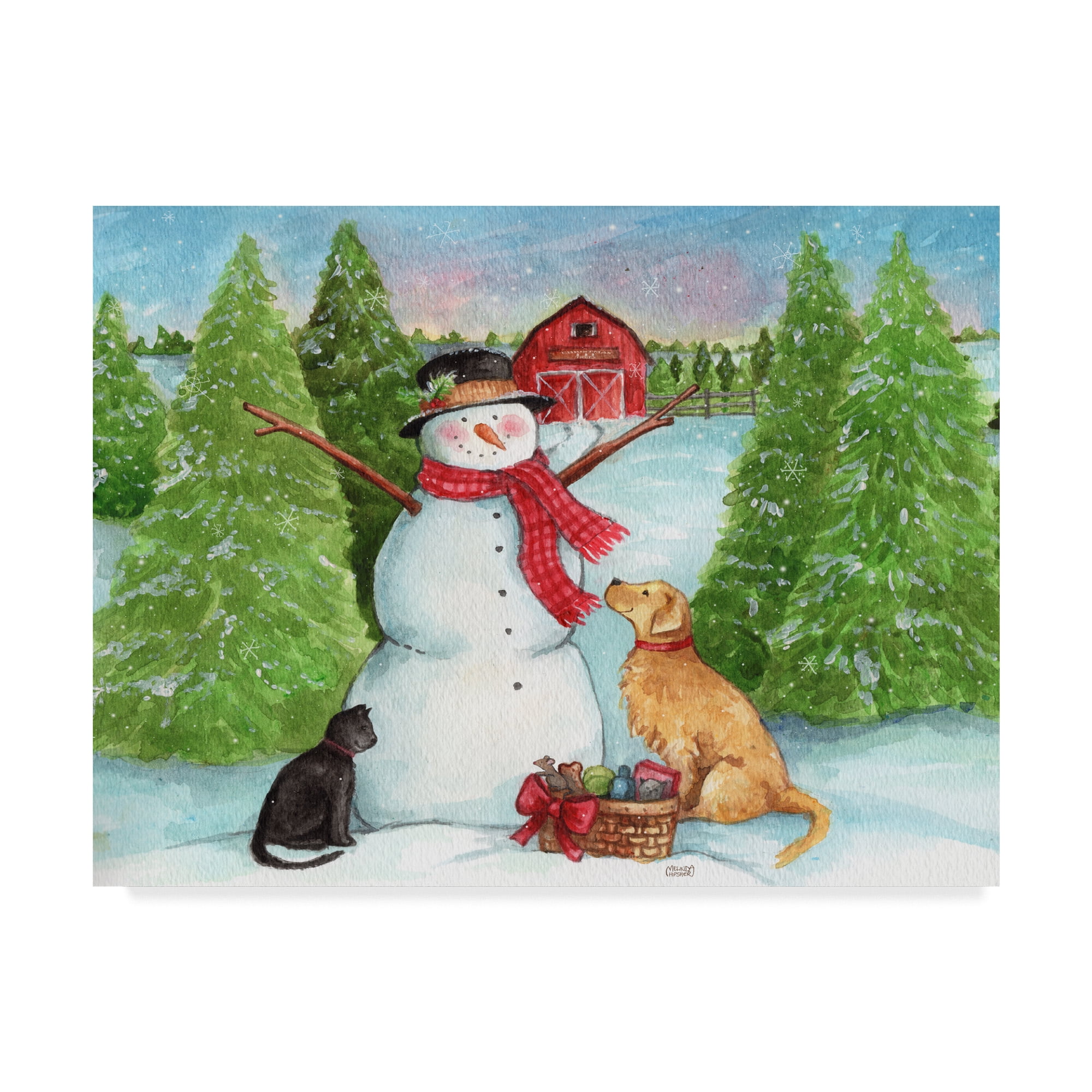 Trademark Fine Art 'Snowman Dog And Cat Farm Horizontal' Canvas Art by Melinda Hipsher
