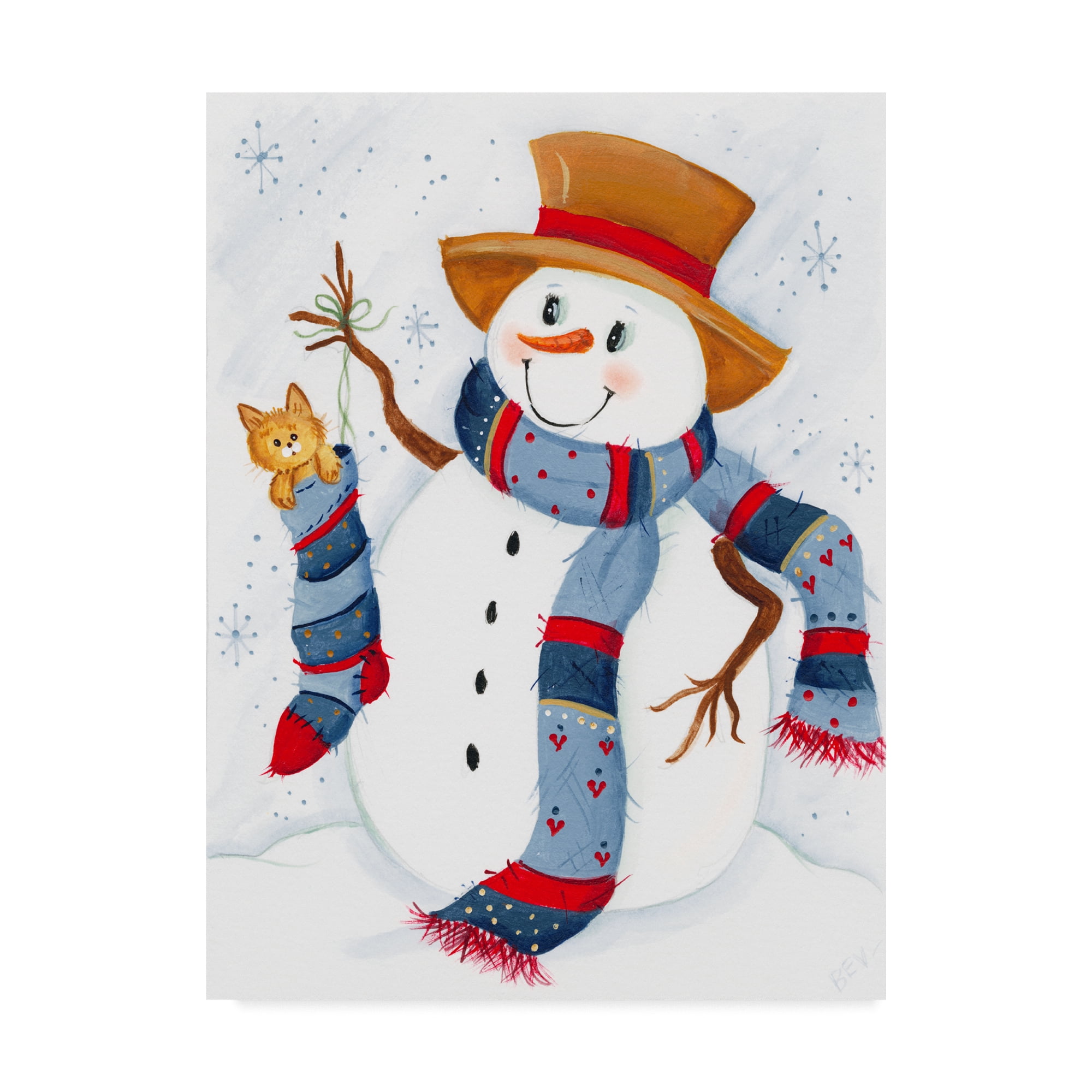 Trademark Fine Art 'Snowman With Cat In Stocking' Canvas Art by Beverly Johnston