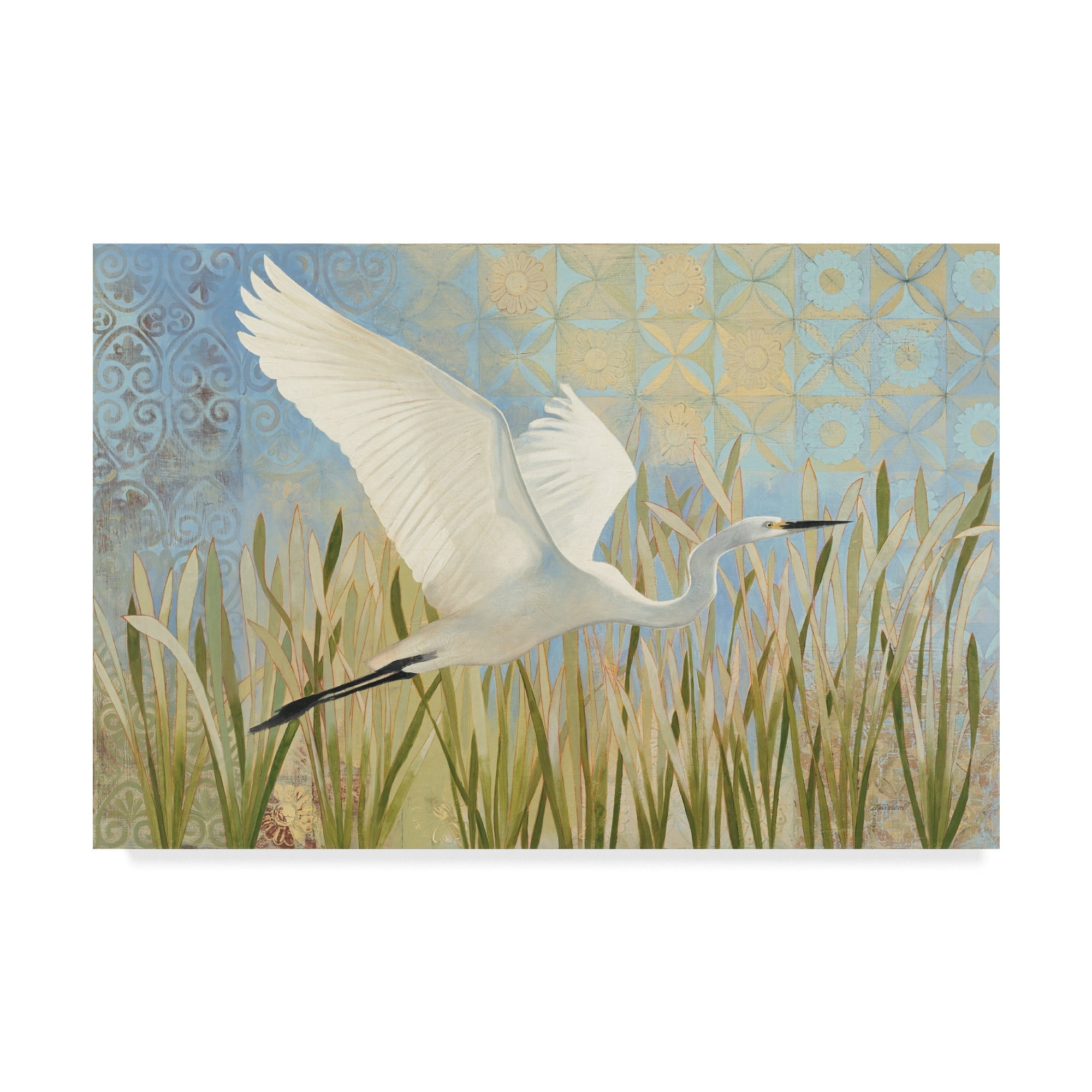 Snowy Egret in Flight Bohemian Canvas Art with Wooden Frame