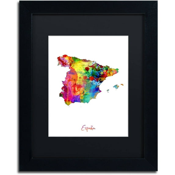 Trademark Fine Art "Spain Watercolor Map" Canvas Art by Michael Tompsett Black Matte, Black Frame