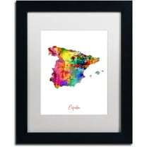 Trademark Fine Art "Spain Watercolor Map" Canvas Art by Michael Tompsett White Matte, Black Frame