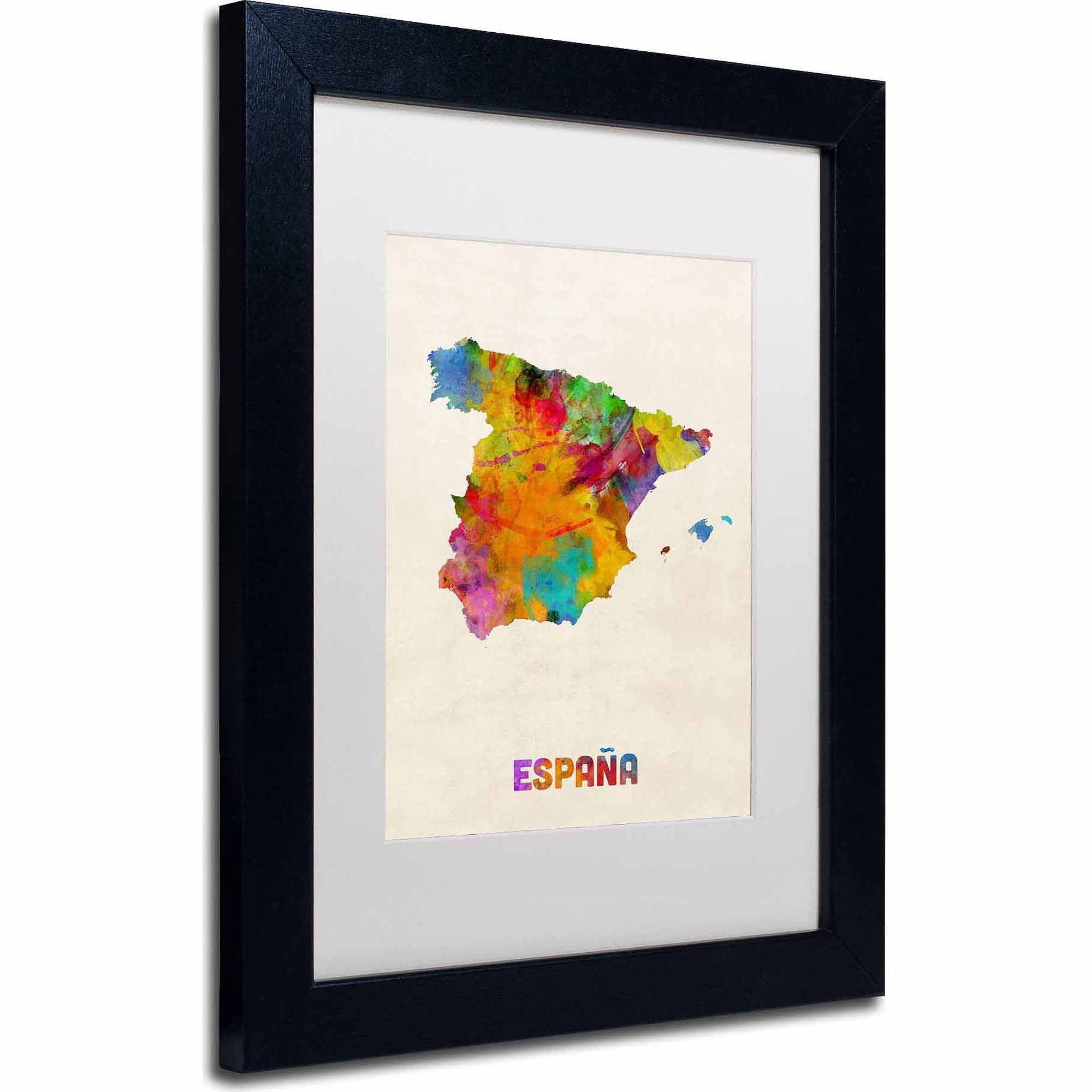 Trademark Fine Art "Spain Watercolor Map" Canvas Art by Michael Tompsett, White Matte, Black Frame