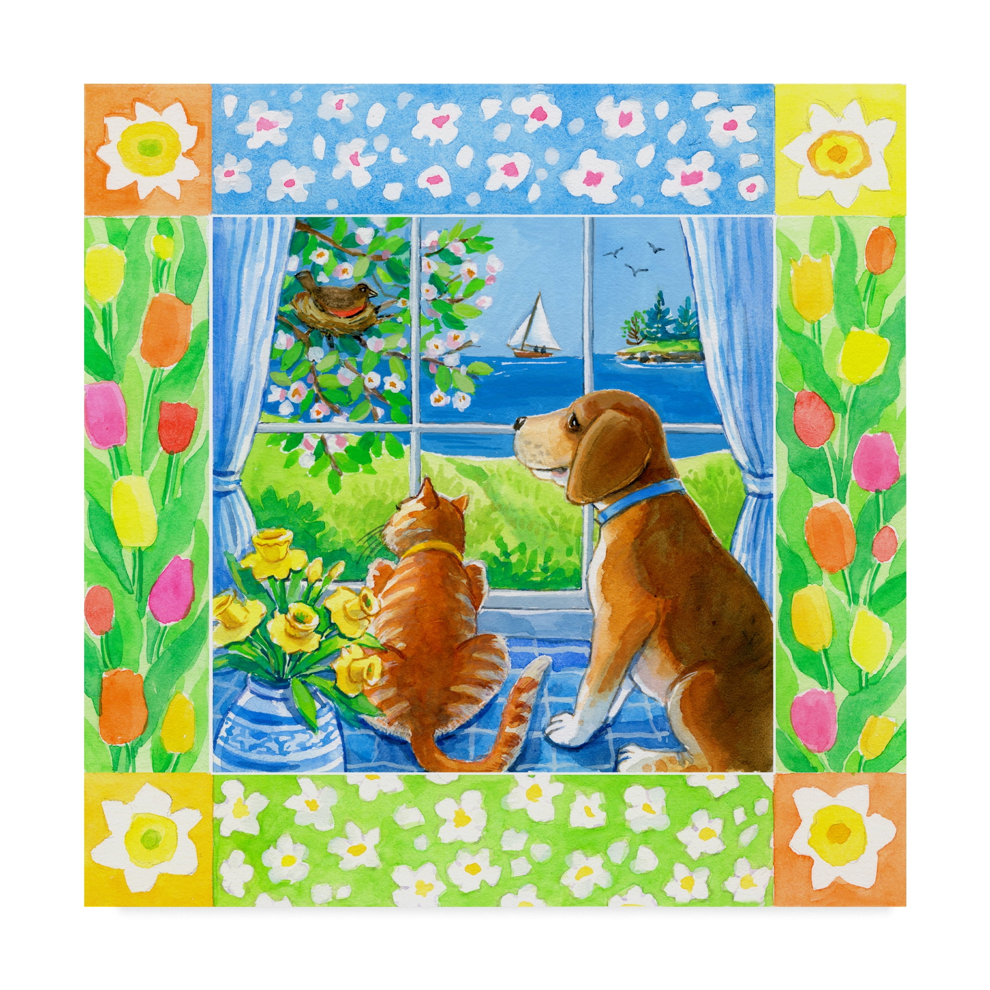 Trademark Fine Art 'Spring Cat And Dog' Canvas Art by Geraldine Aikman