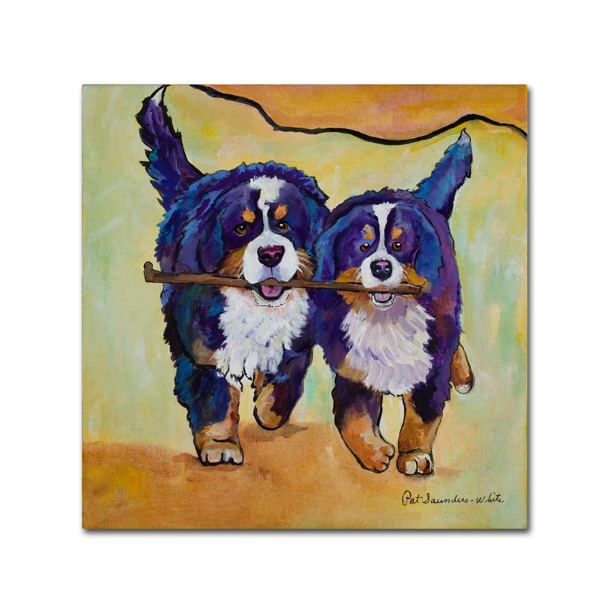 Pat Saunders-White Dogs Carrying Stick Together Canvas Art