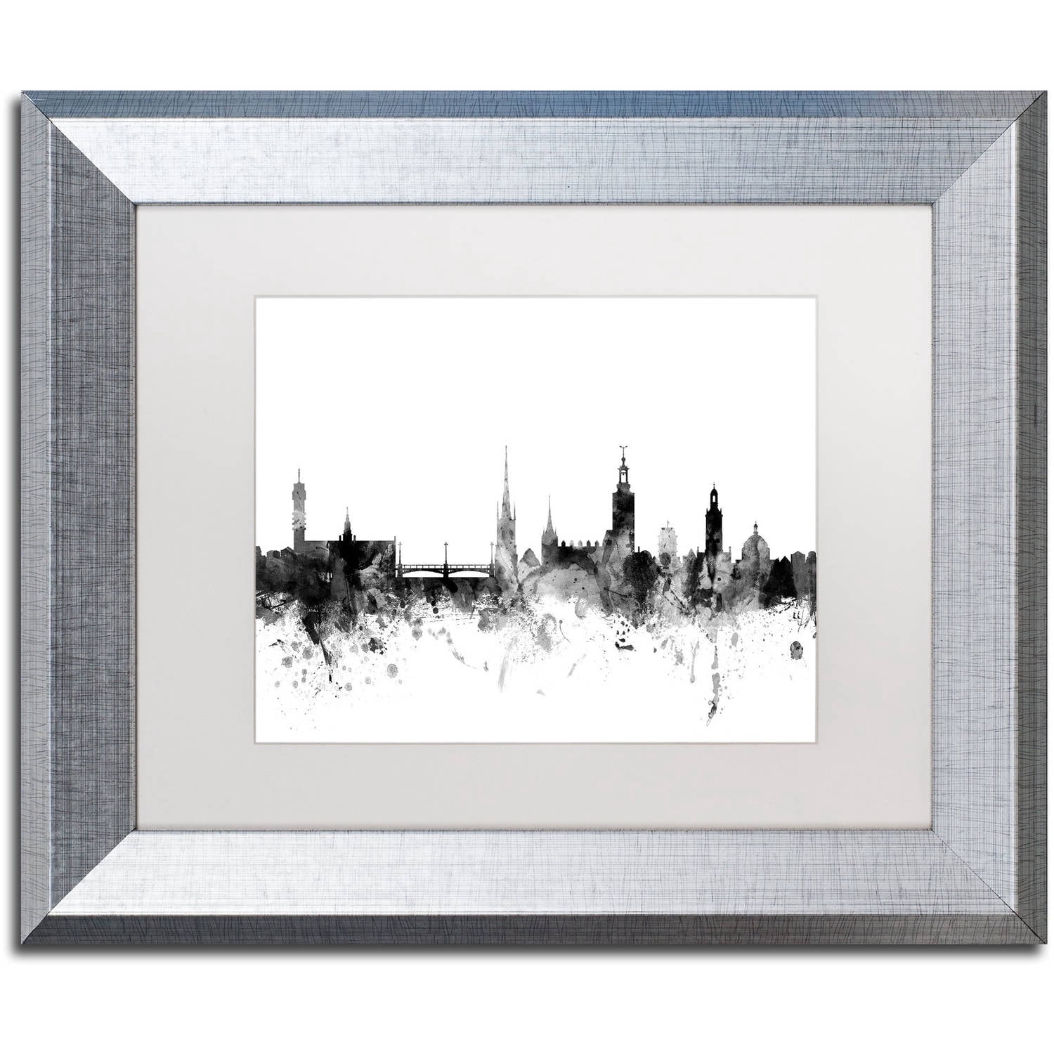 Trademark Fine Art "Stockholm Sweden Skyline B&W" Canvas Art by Michael Tompsett, White Matte, Silver Frame