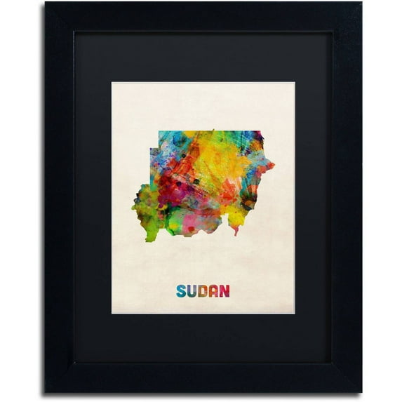 Trademark Fine Art 'Sudan Watercolor Map' Canvas Art by Michael Tompsett, Black Matte, Black Frame