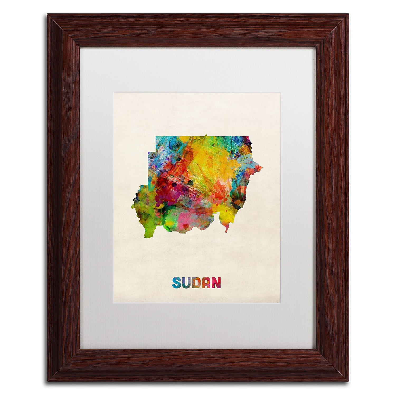 Trademark Fine Art 'Sudan Watercolor Map' Canvas Art by Michael Tompsett, White Matte, Wood Frame
