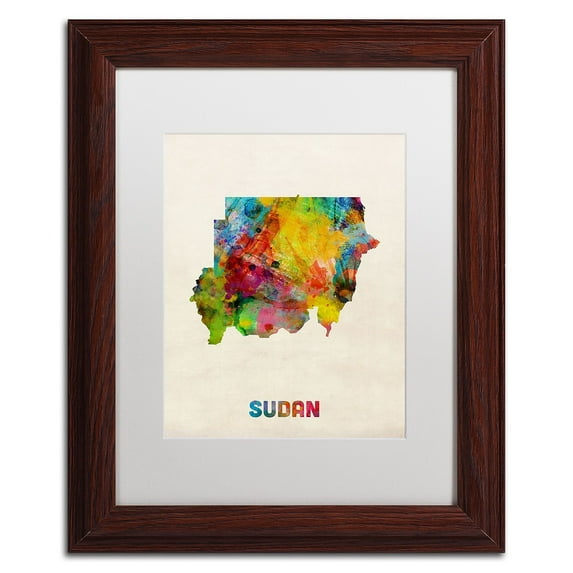 Trademark Fine Art 'Sudan Watercolor Map' Canvas Art by Michael Tompsett, White Matte, Wood Frame