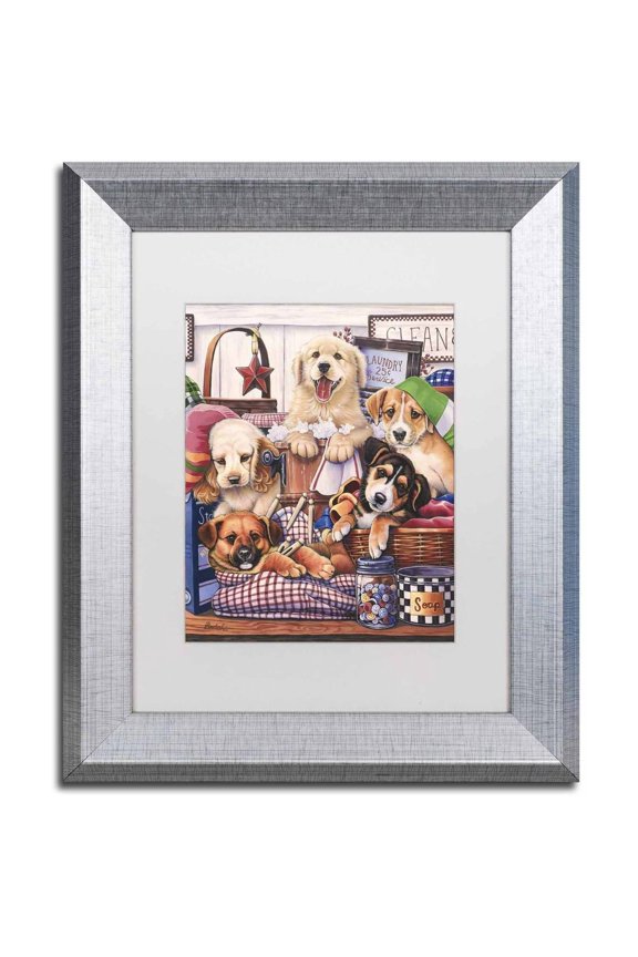 'Suds and Pups' Canvas Art by Jenny Newland, White Matte, Silver Frame