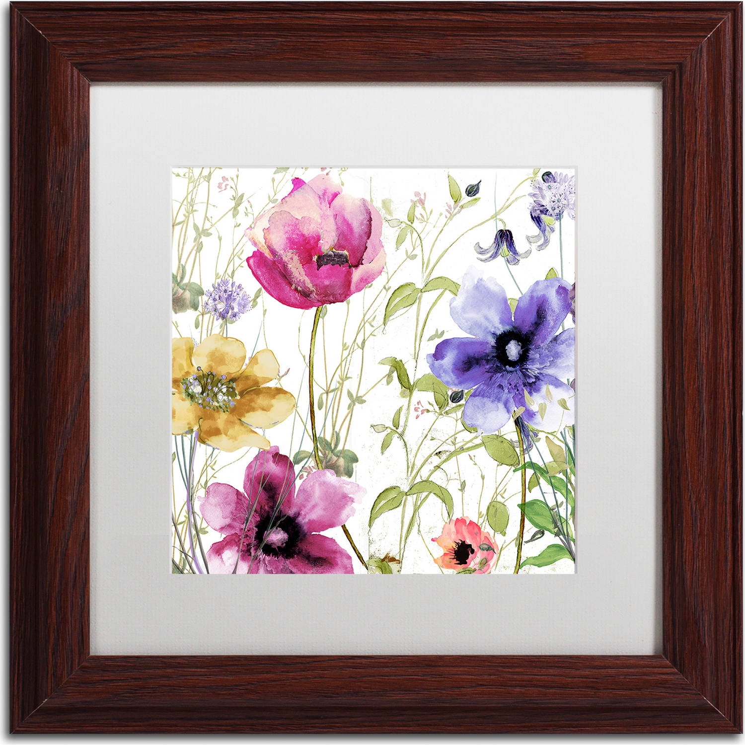 Summer Diary I Watercolor and Acrylic Canvas Art with White Matte and Brown Frame