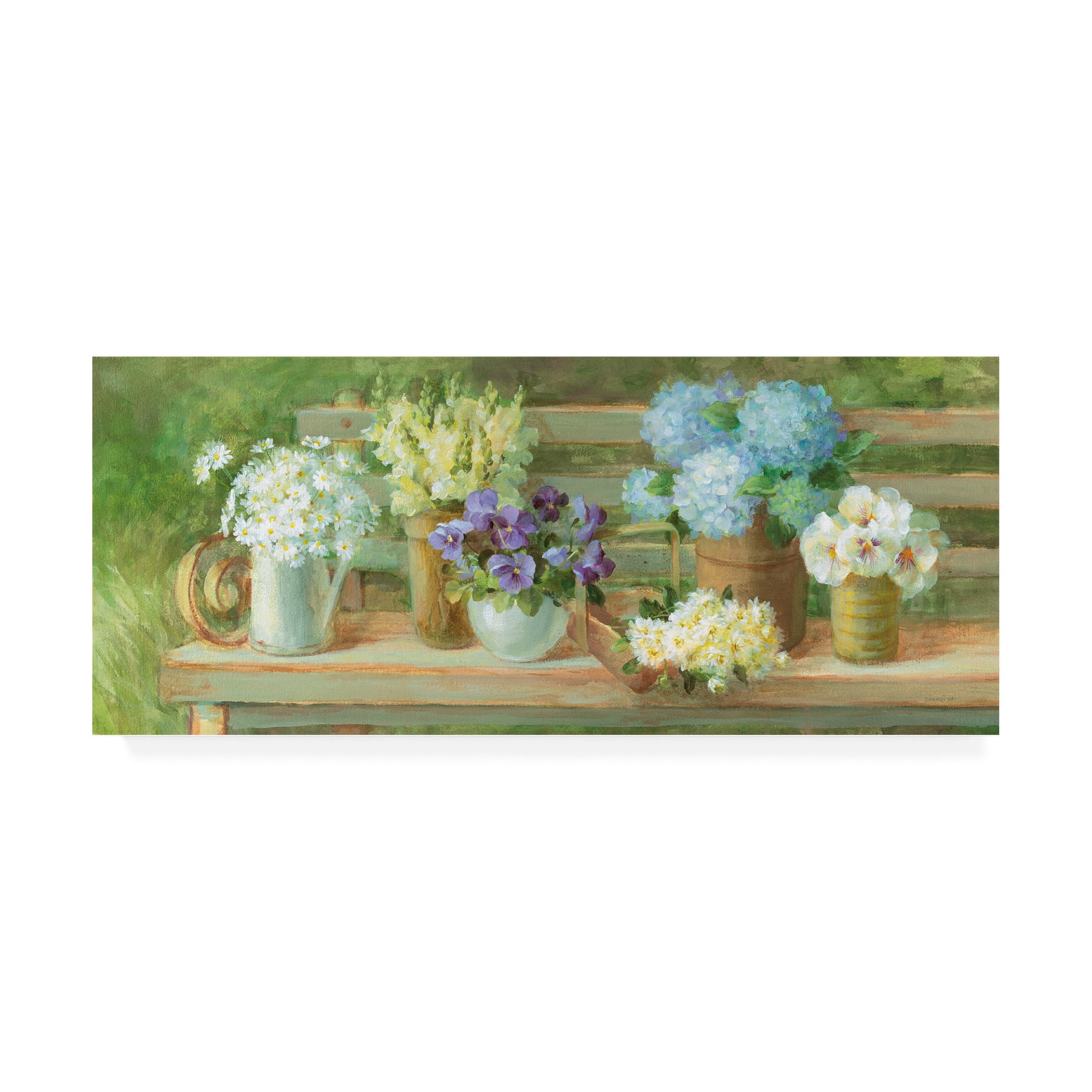Summer Garden Bench Floral Canvas Art in Green and Tan
