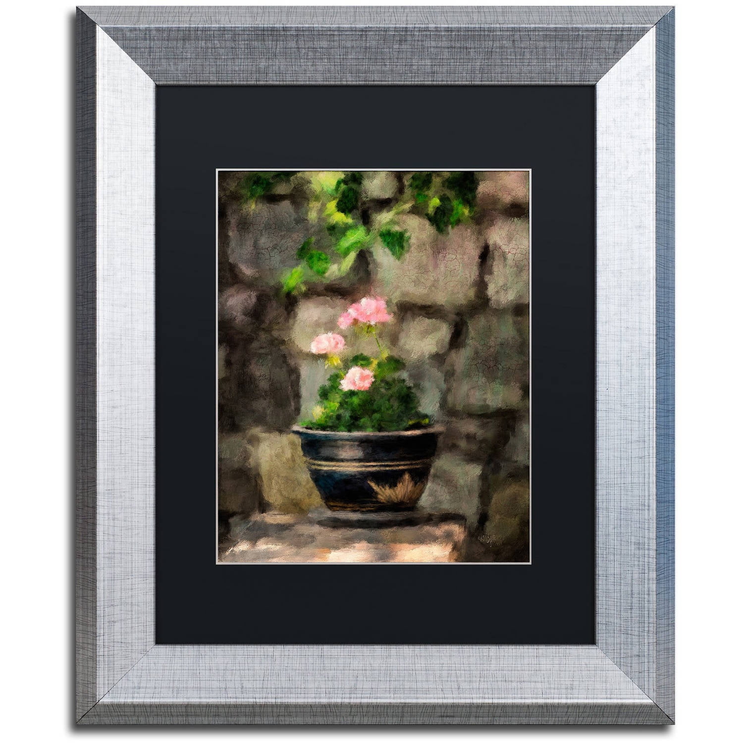 Sun Kissed Pink Geraniums Canvas Art with Black Matte and Silver Frame