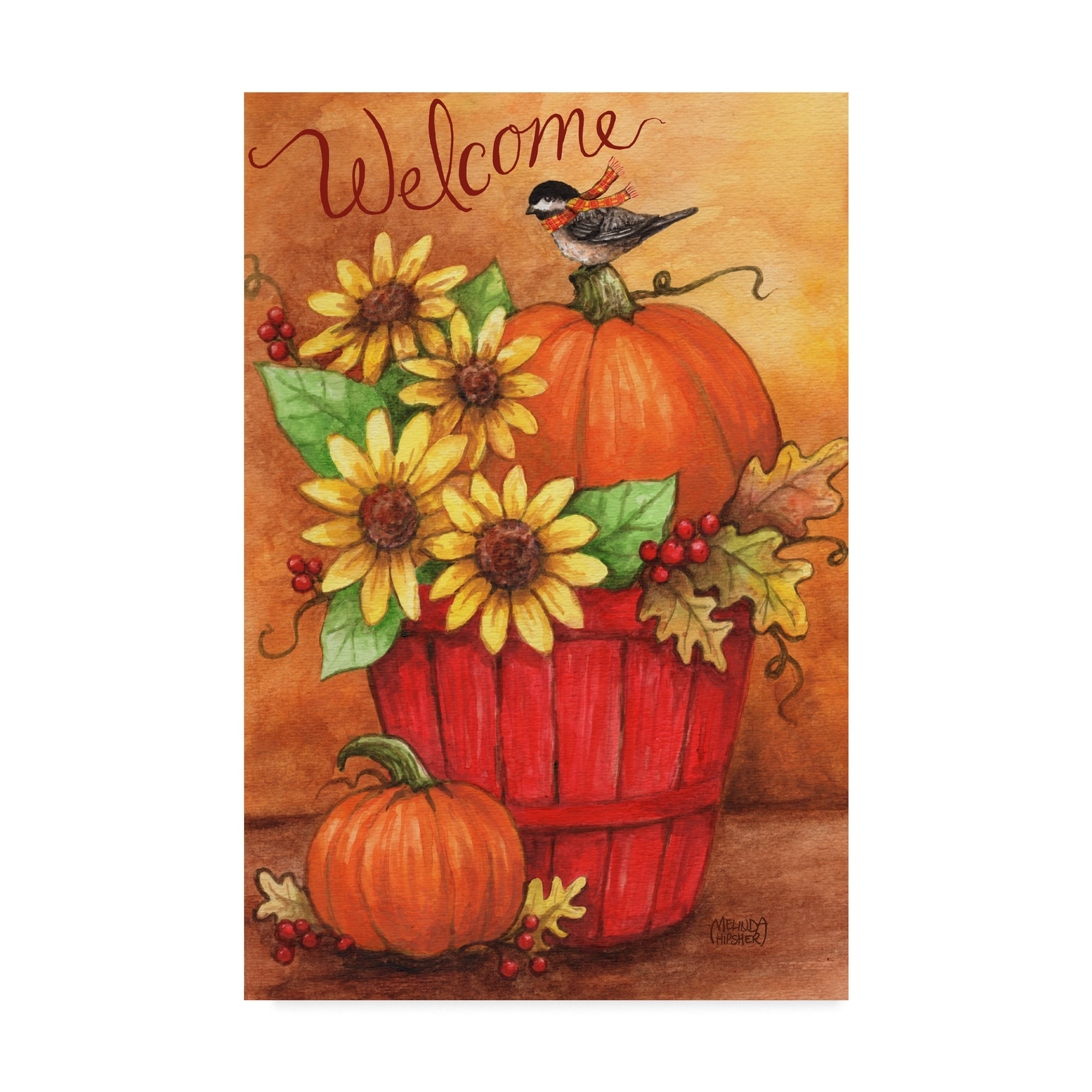 Trademark Fine Art 'Sunflower And Pumpkin Red Basket' Canvas Art by Melinda Hipsher