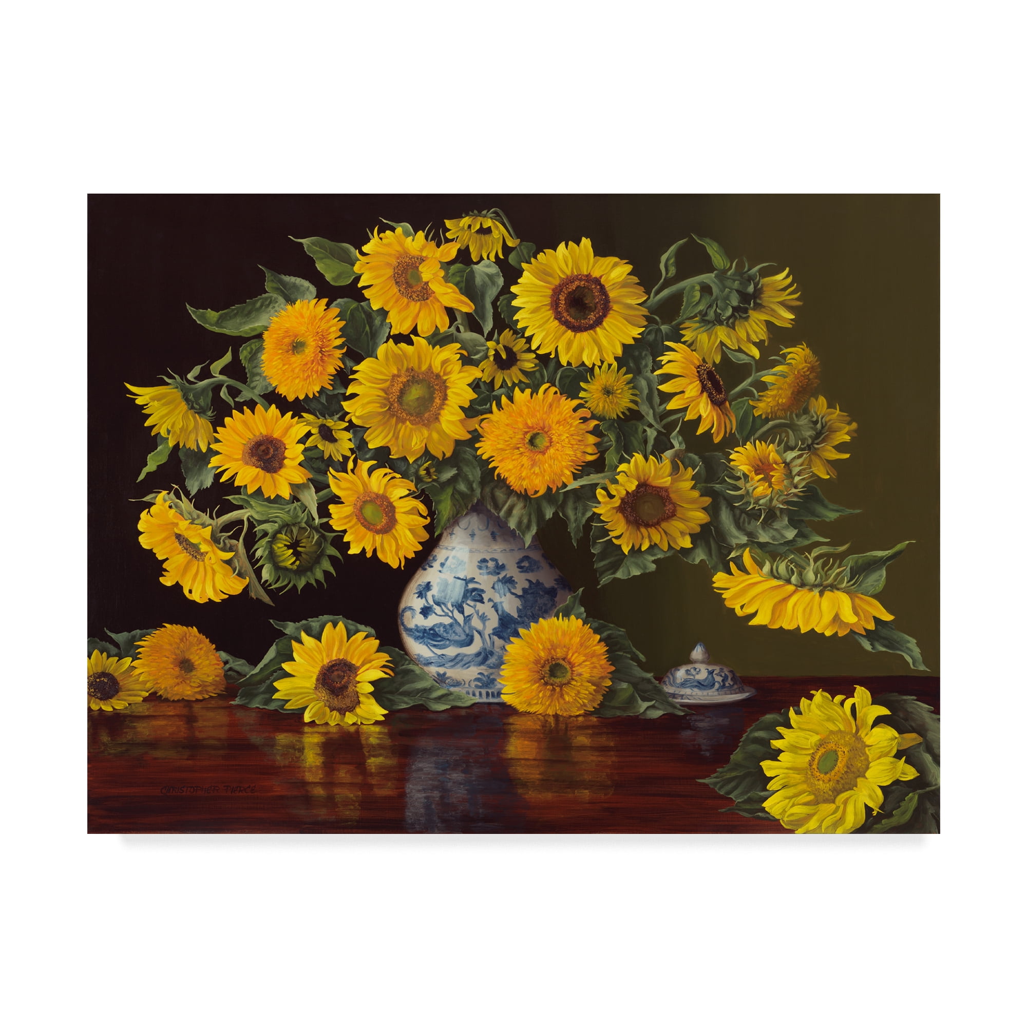 Trademark Fine Art 'Sunflowers In Blue And White Vase' Canvas Art by Christopher Pierce