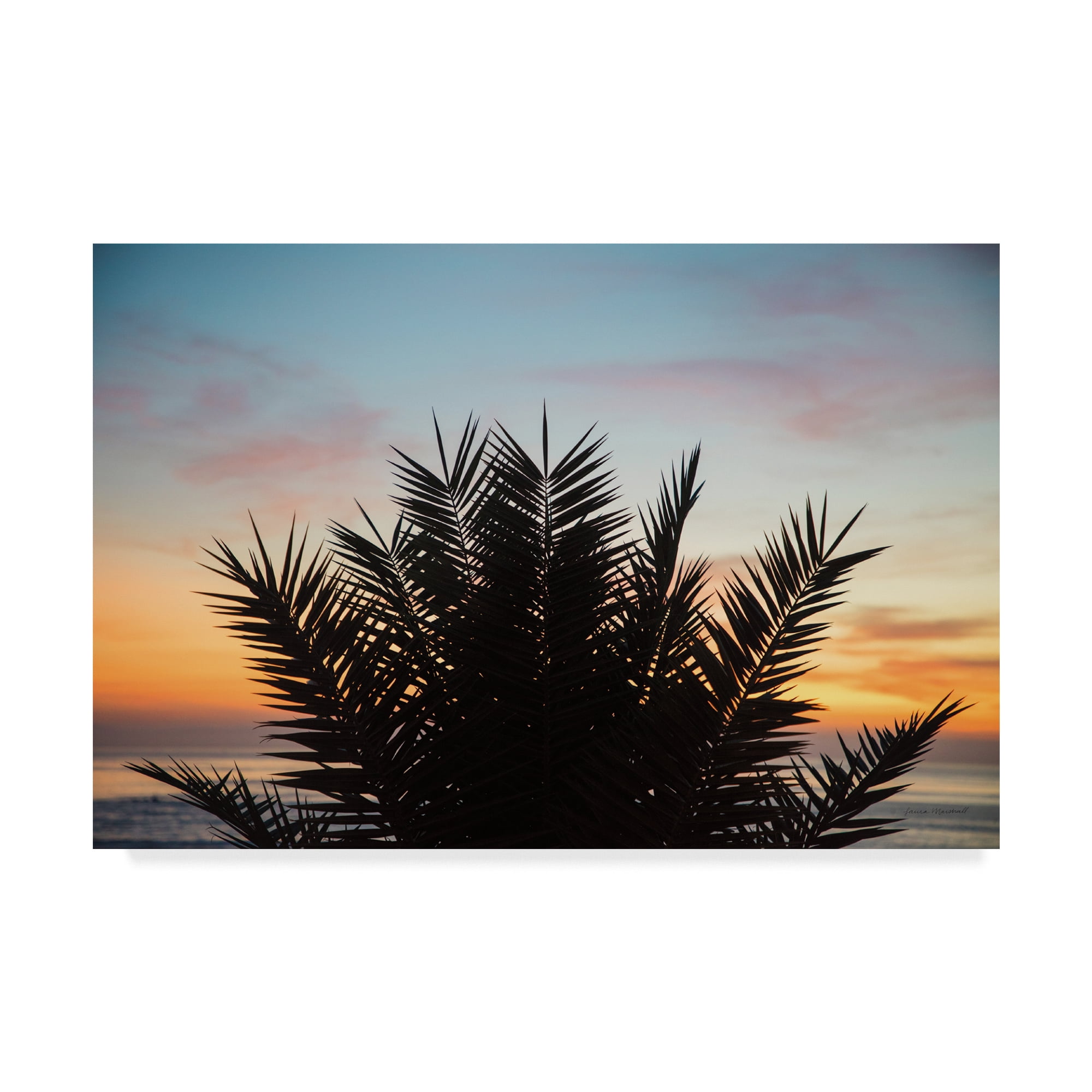 Sunset Palm Coastal Landscape Canvas Print in Light Blue and Orange
