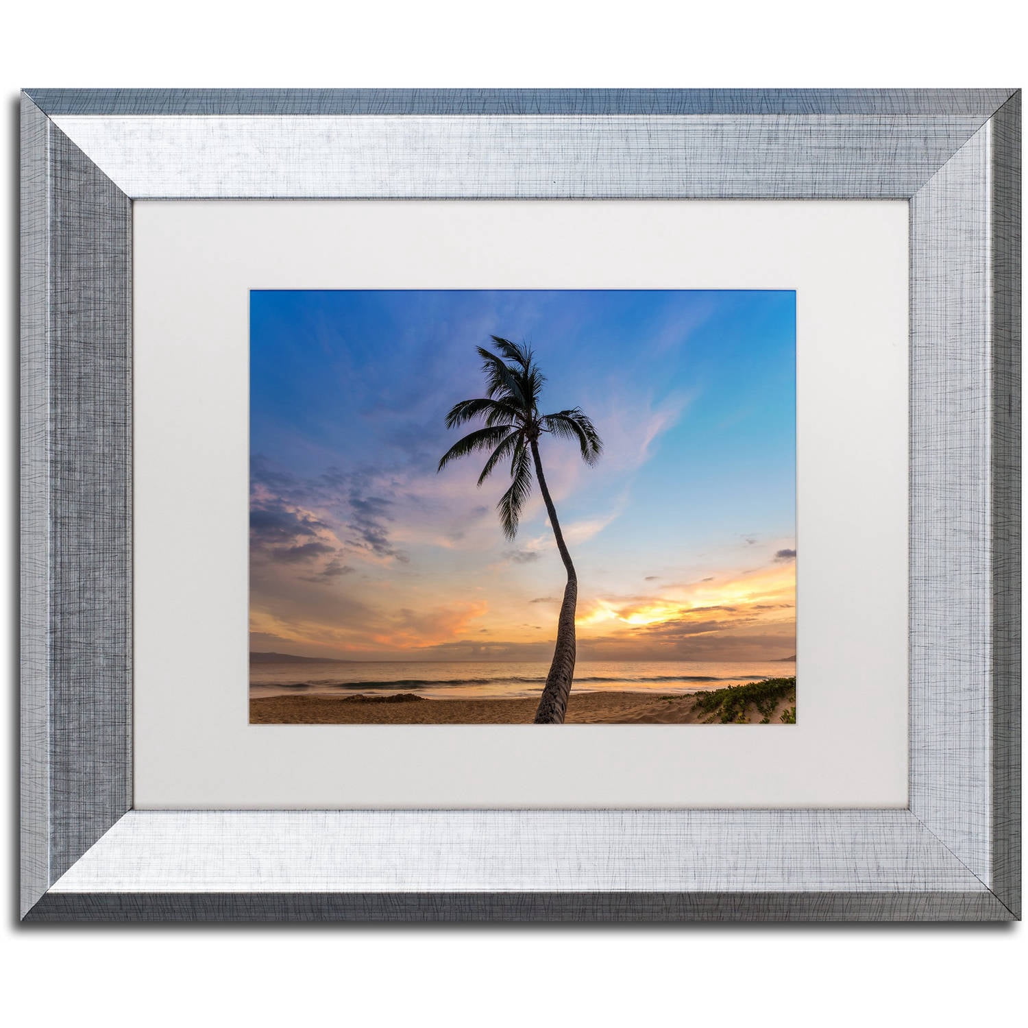 Trademark Fine Art 'Sunset Palm Tree' Canvas Art by Pierre Leclerc, White Matte, Silver Frame