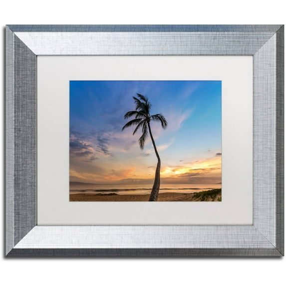 Trademark Fine Art 'Sunset Palm Tree' Canvas Art by Pierre Leclerc, White Matte, Silver Frame