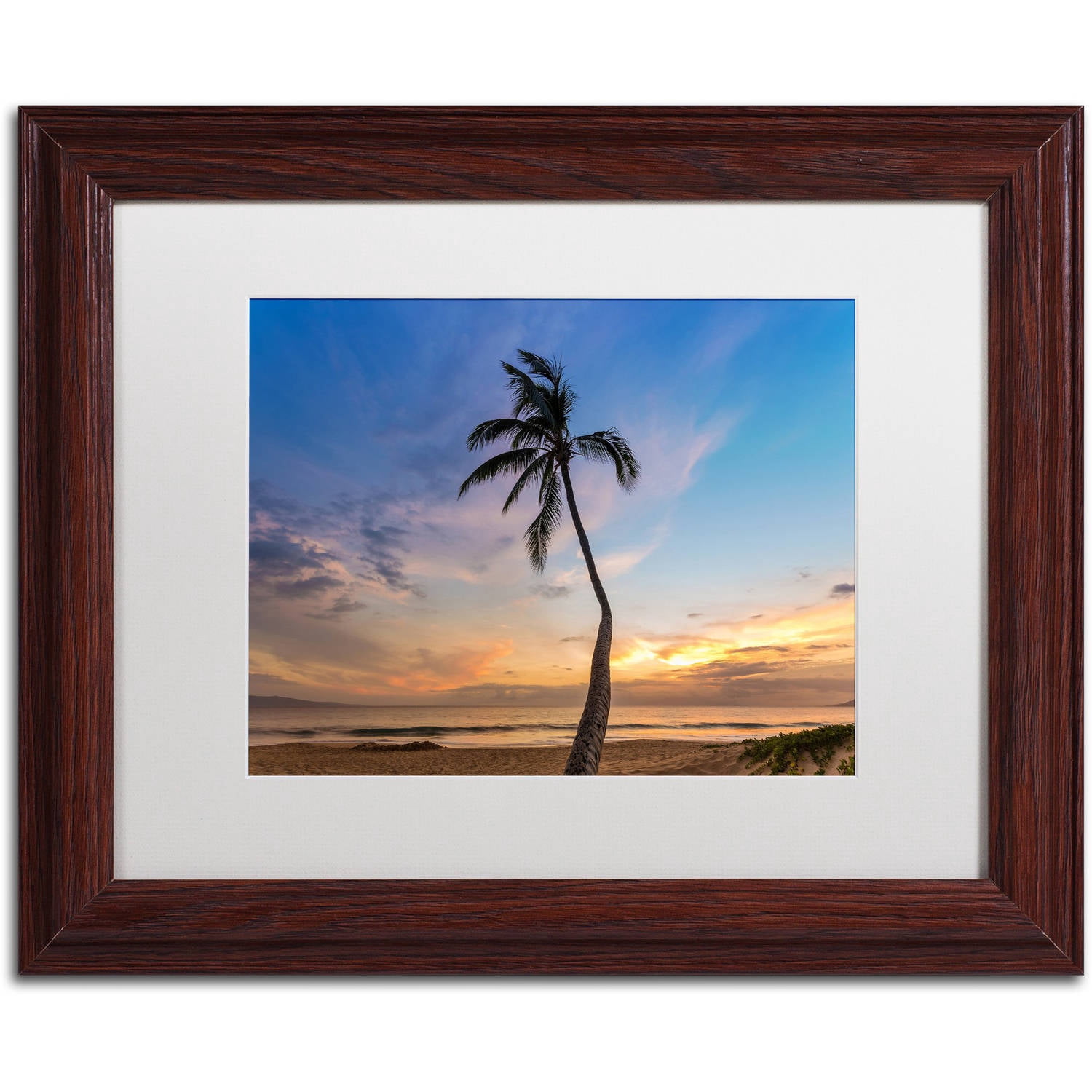 Trademark Fine Art 'Sunset Palm Tree' Canvas Art by Pierre Leclerc, White Matte, Wood Frame