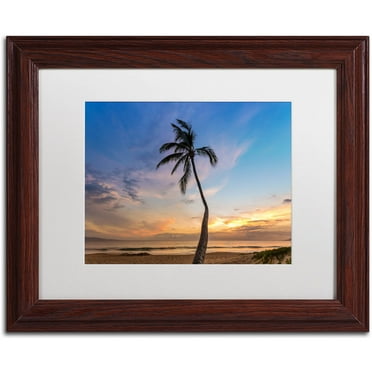 Trademark Fine Art 'Sunset Palm Tree' Canvas Art by Pierre Leclerc, White Matte, Wood Frame