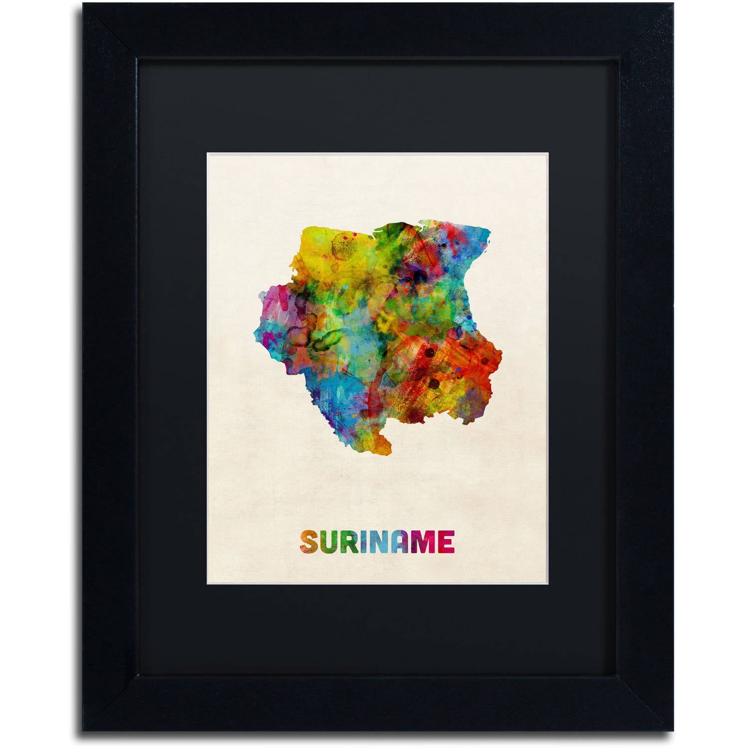 Trademark Fine Art "Suriname Watercolor Map" Canvas Art by Michael Tompsett Black Matte, Black Frame