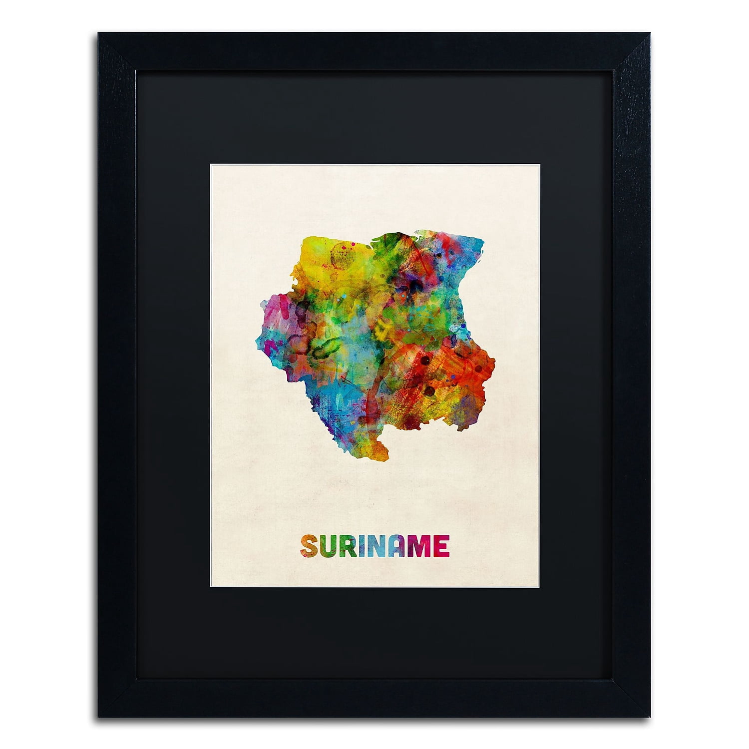 Trademark Fine Art "Suriname Watercolor Map" Canvas Art by Michael Tompsett Black Matte, Black Frame