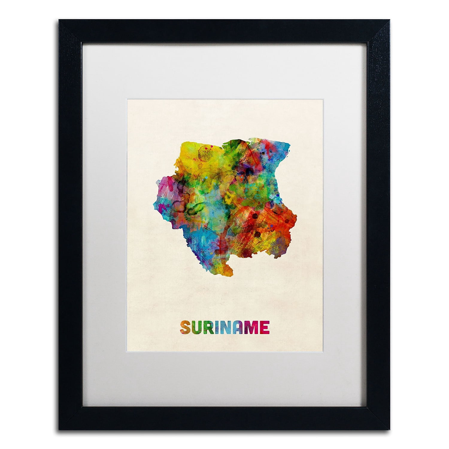 Trademark Fine Art "Suriname Watercolor Map" Canvas Art by Michael Tompsett White Matte, Black Frame